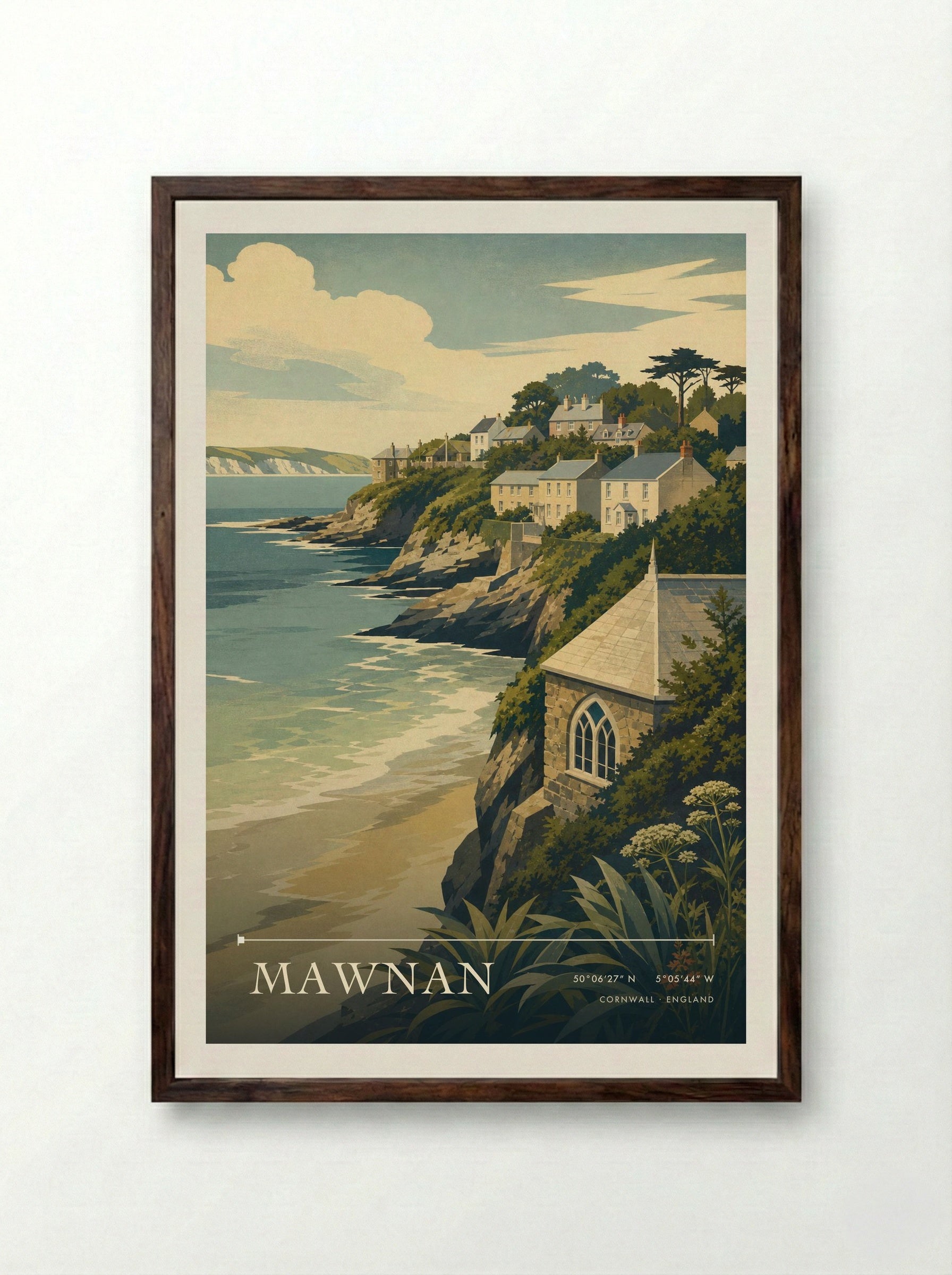 Mawnan Cornwall England Travel Poster - Framed Print Dark Wood