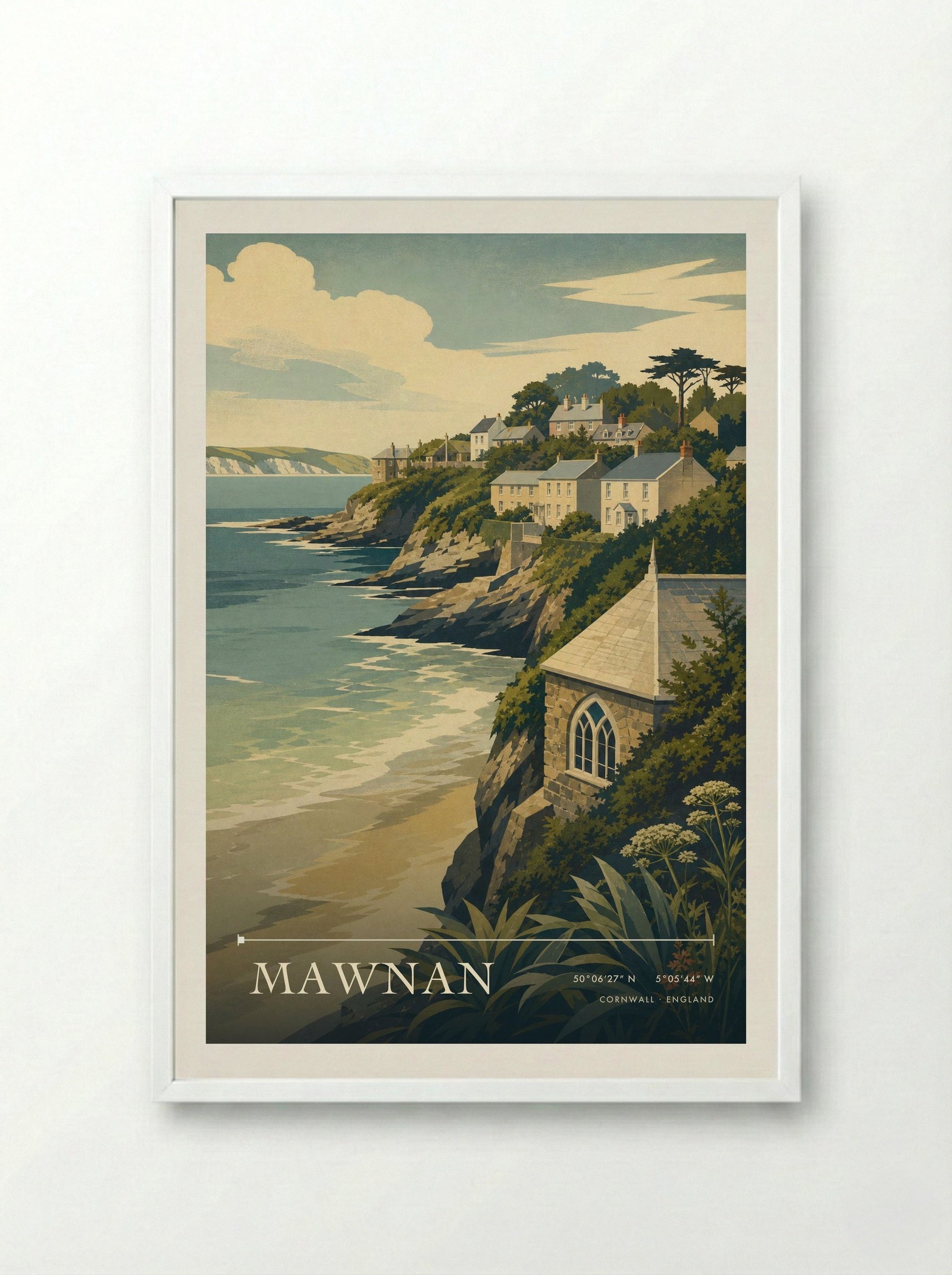 Mawnan Cornwall England Travel Poster - Framed Print White