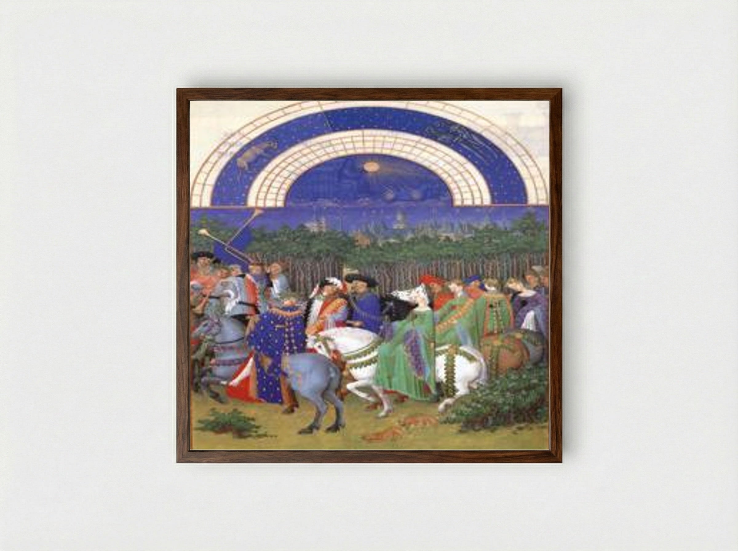 May: Celebrating May Day Near the Town of Riom in the Auvergne - Limbourg brothers - Framed Print Dark Wood