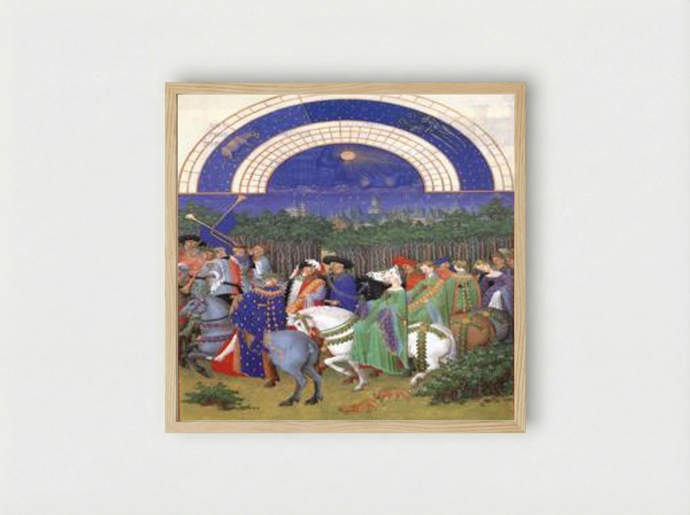 May: Celebrating May Day Near the Town of Riom in the Auvergne - Limbourg brothers - Framed Print Wood
