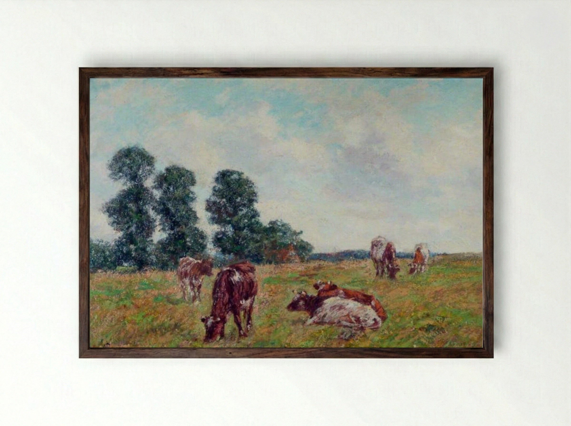 Meadow Scene with Cattle and Trees - James Charles - Framed Print Dark Wood