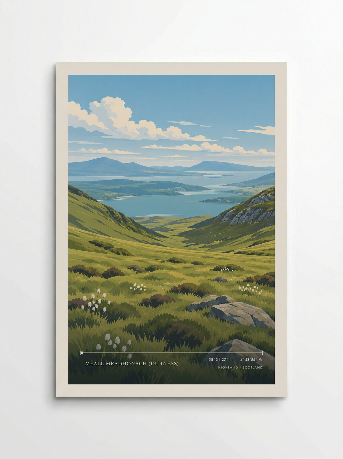 Meall Meadhonach (Durness), Highland travel poster: cotton grass, pale rocks and green slopes above layered blue coastal water in summer