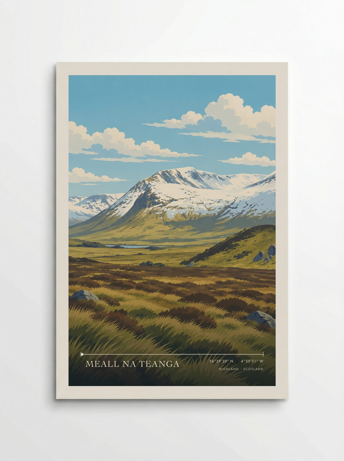 Meall na Teanga, Highland travel poster: a broad snowy crown above gold green moor, scattered grey rocks and a narrow blue water glimpse