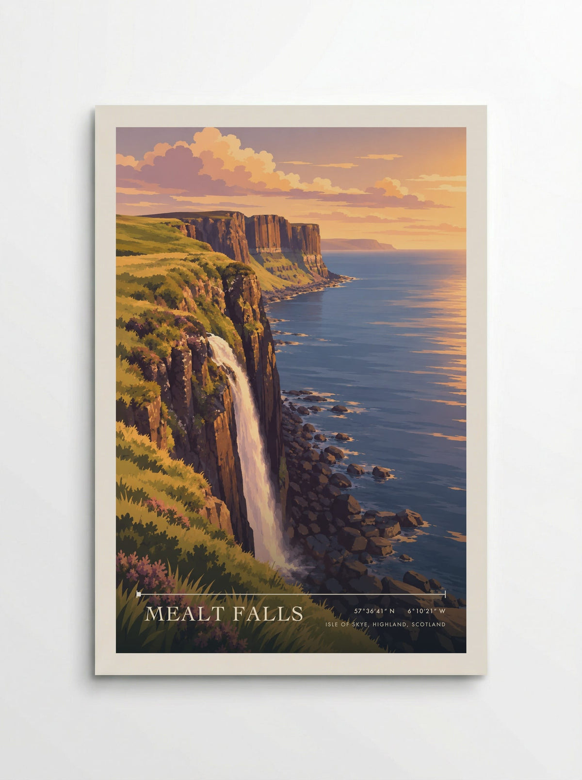 Mealt Falls, Isle of Skye, Highland, travel poster: a bright coastal waterfall, dark columned cliffs and pink heather under a warm peach late summer sky