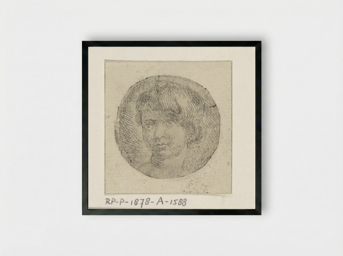 Medaillon met kinderhoofd met kort krullend haar - Peeter Snijers - Framed Print Black