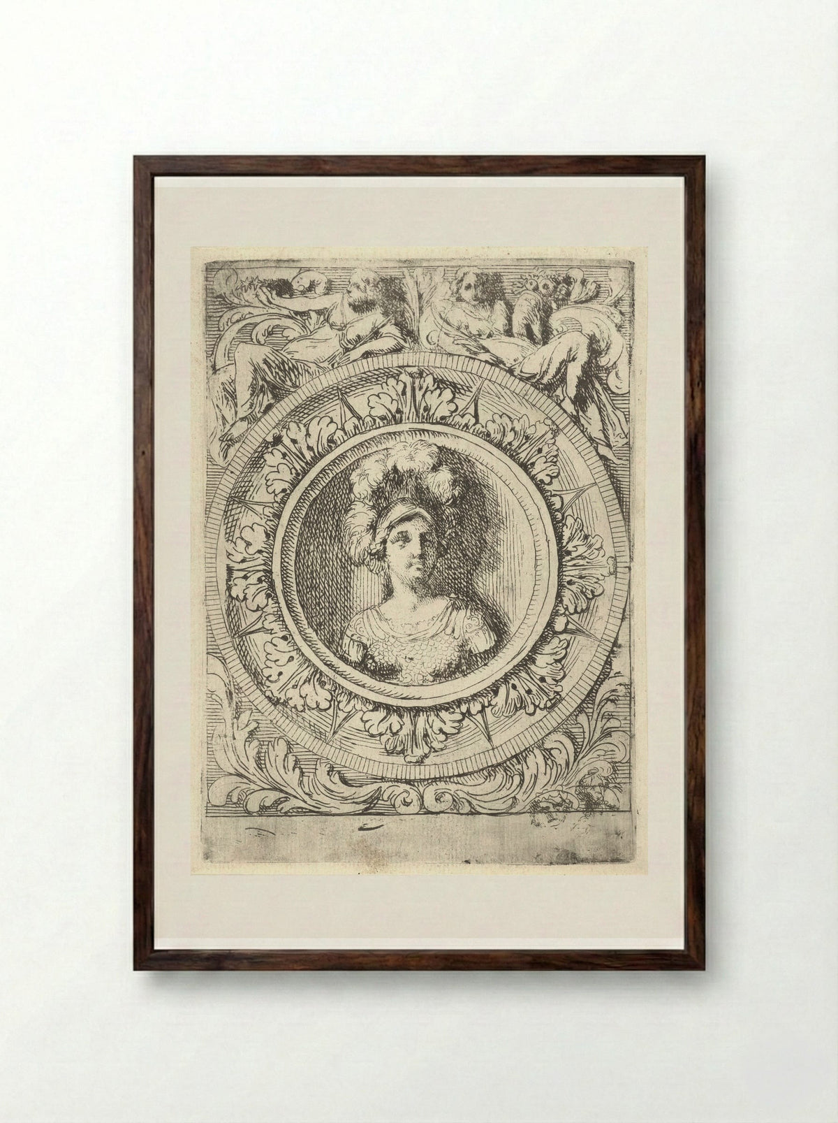 Medaillon met krijgsgodin Bellona - Gerard de Lairesse - Framed Print Dark Wood