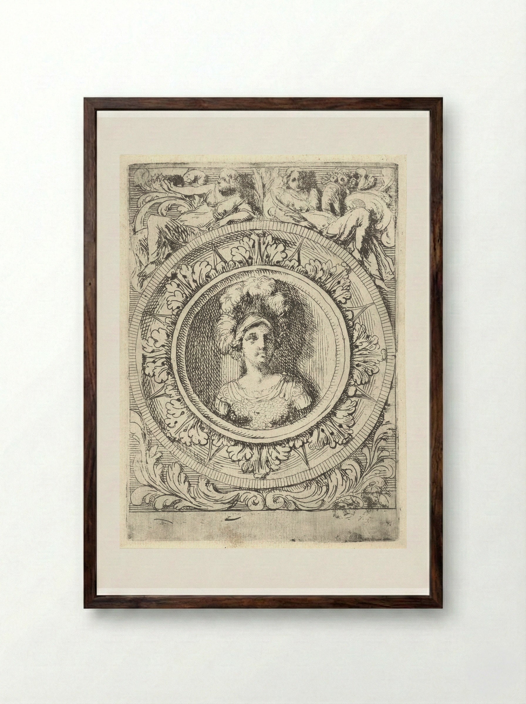 Medaillon met krijgsgodin Bellona - Gerard de Lairesse - Framed Print Dark Wood