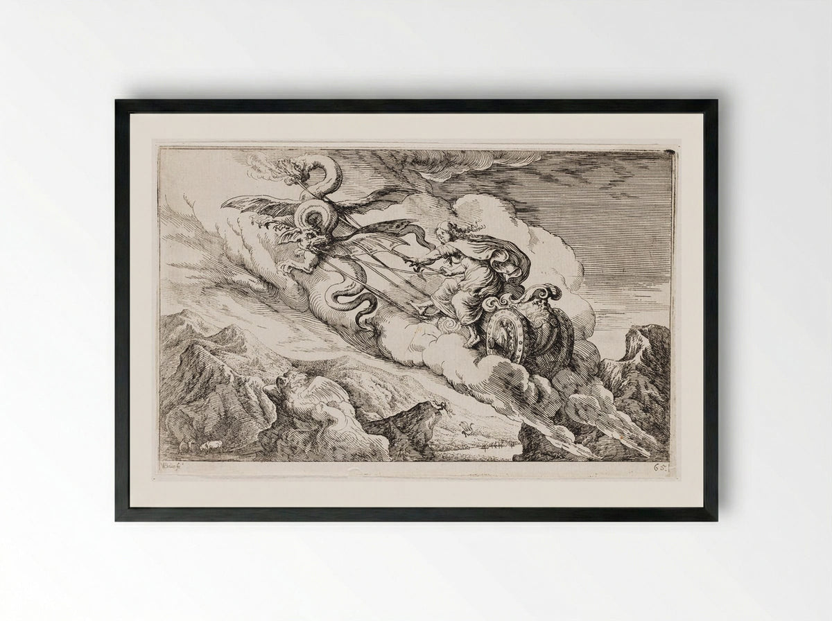 Medea Flees in Her Chariot Drawn by Winged Serpents - Johann Wilhelm Baur - Framed Print Black
