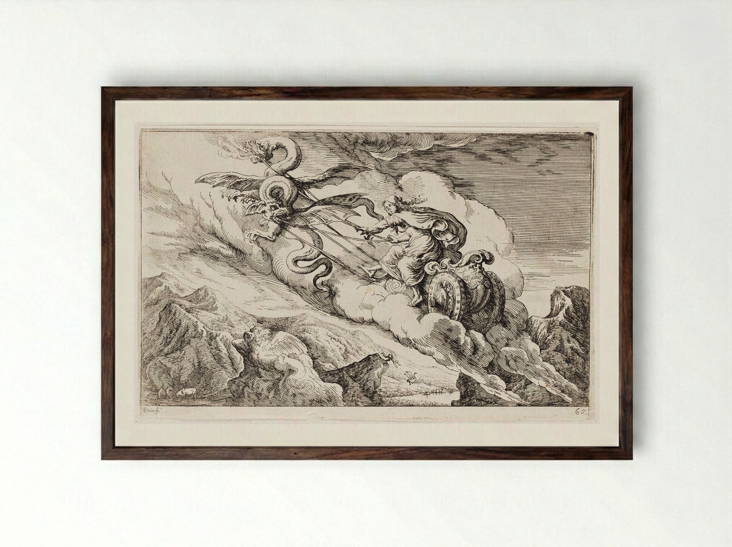 Medea Flees in Her Chariot Drawn by Winged Serpents - Johann Wilhelm Baur - Framed Print Dark Wood