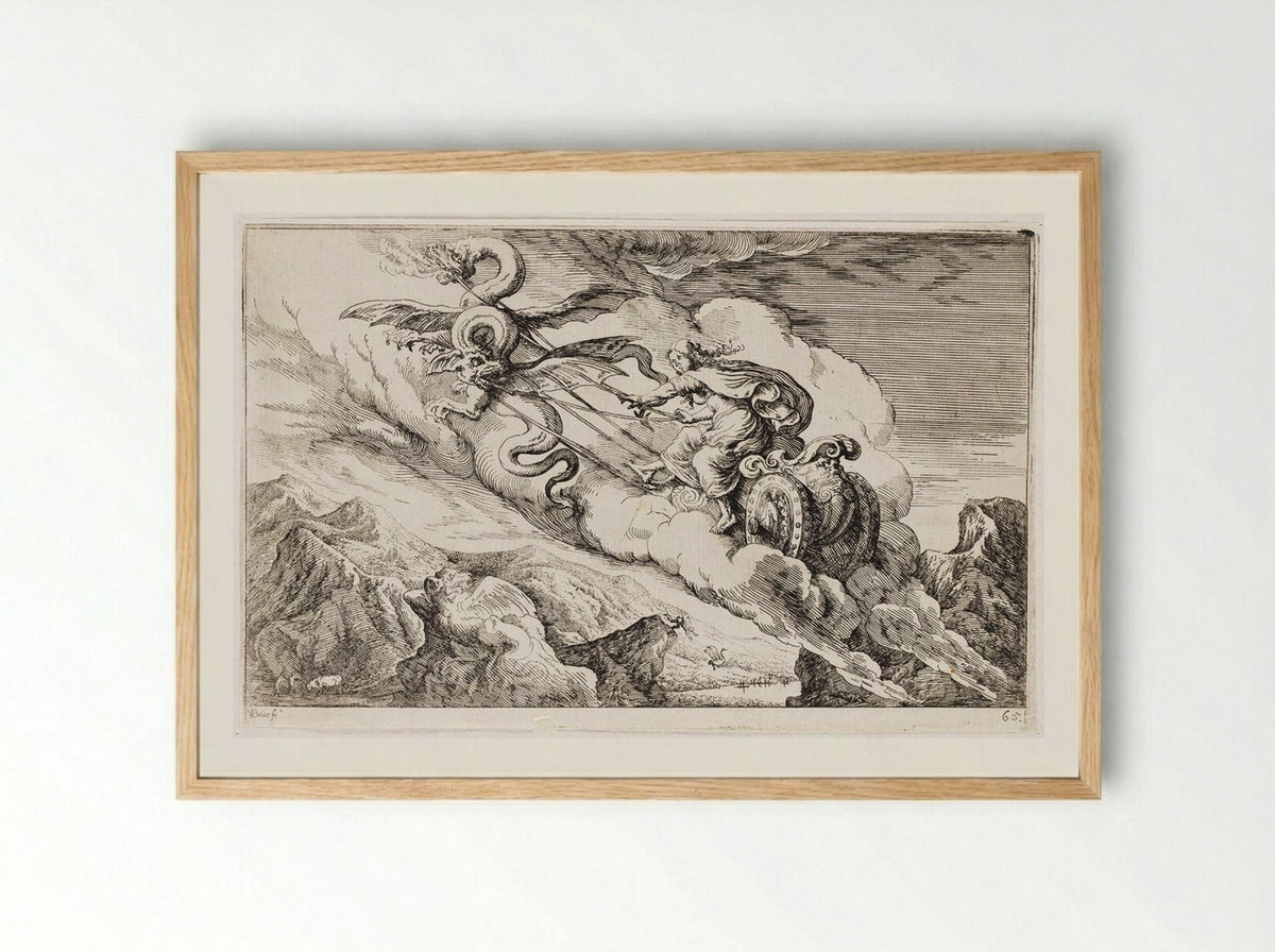 Medea Flees in Her Chariot Drawn by Winged Serpents - Johann Wilhelm Baur - Framed Print Wood