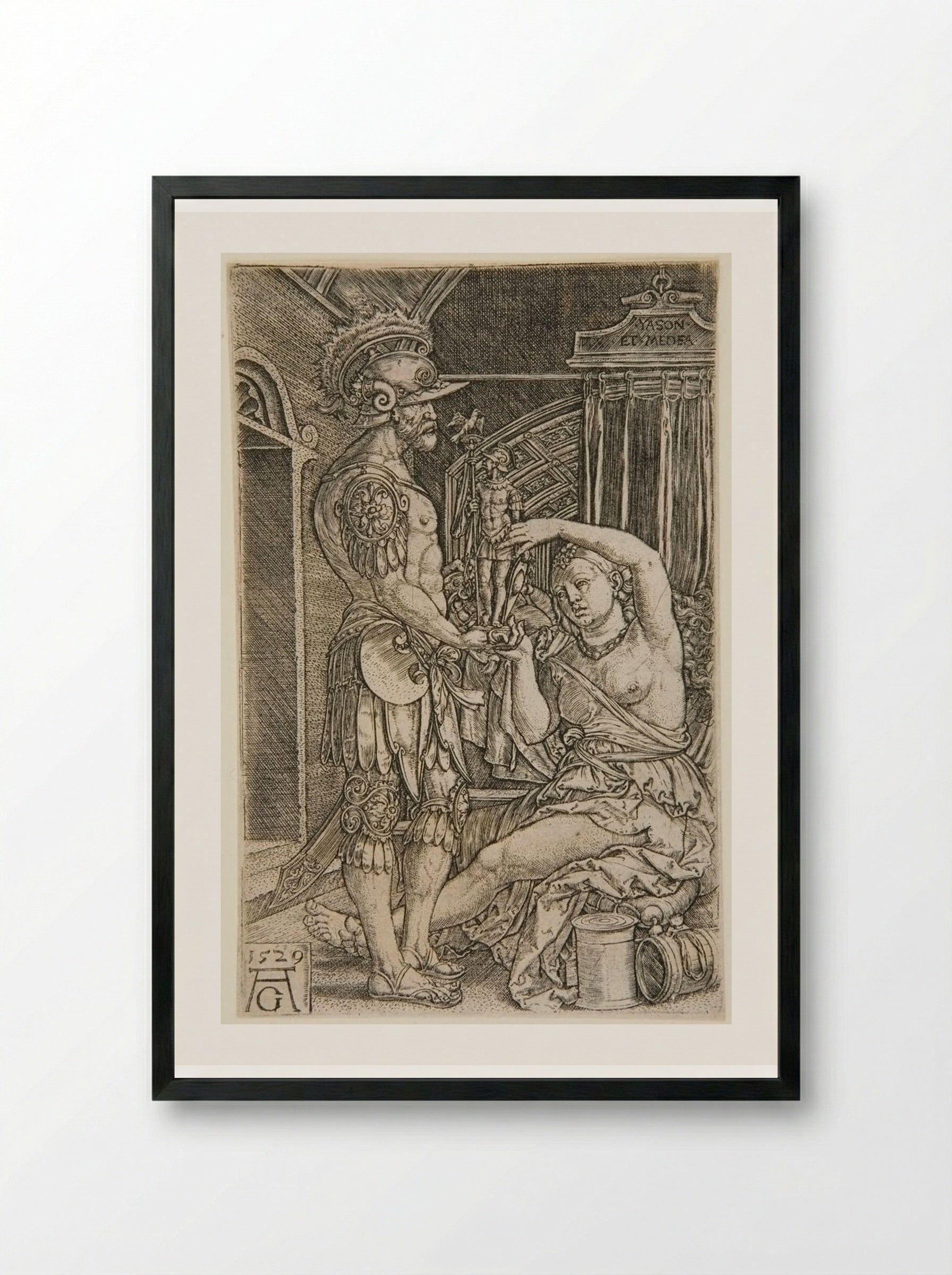 Medea Presents a Statue of an Armed Man to Jason - Heinrich Aldegrever - Framed Print Black
