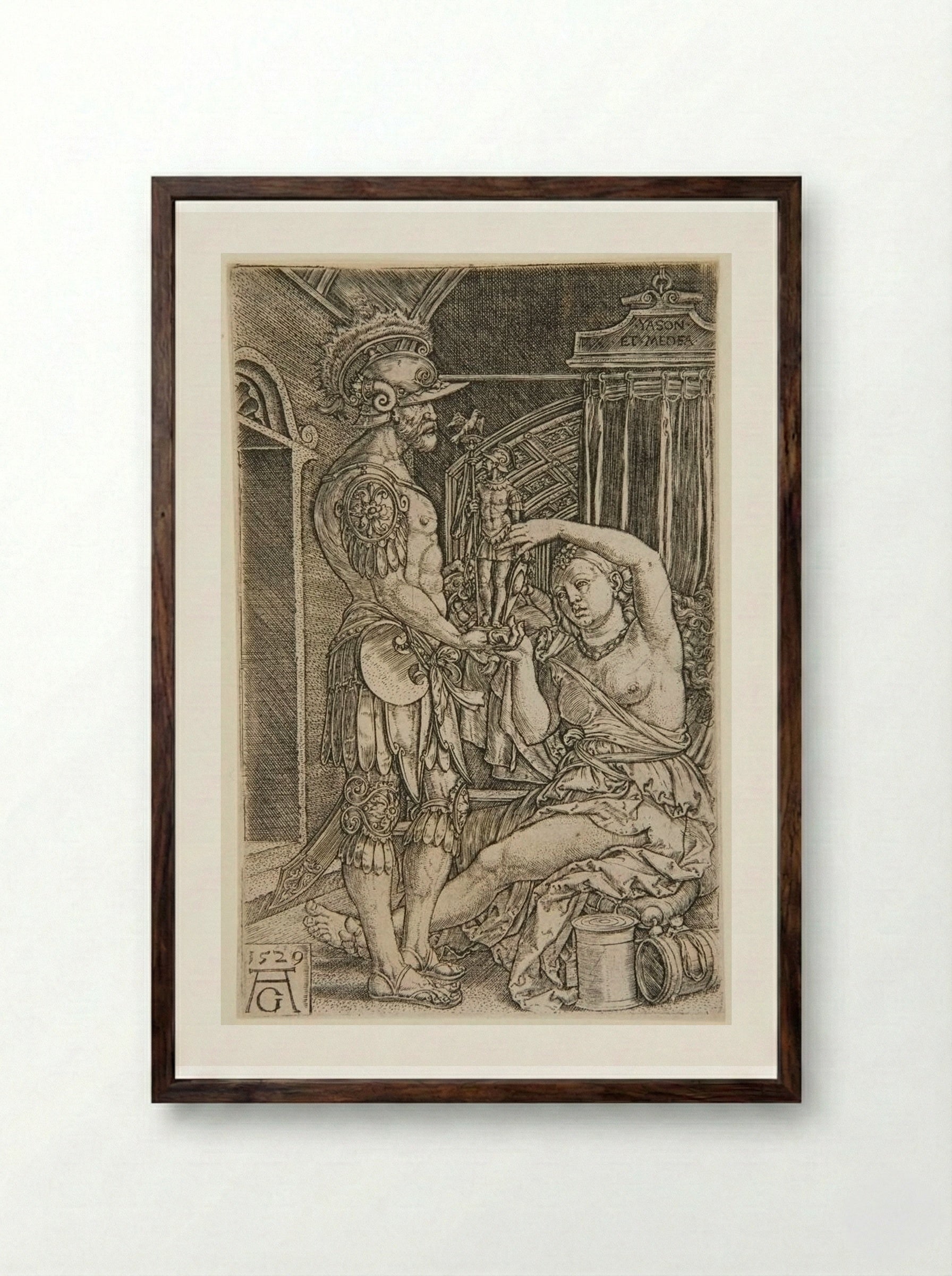 Medea Presents a Statue of an Armed Man to Jason - Heinrich Aldegrever - Framed Print Dark Wood