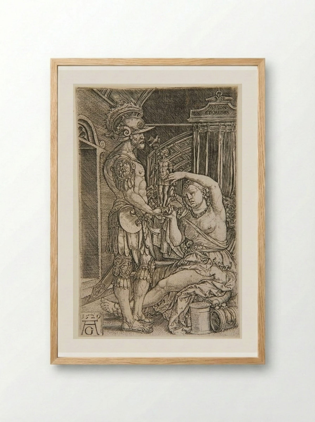 Medea Presents a Statue of an Armed Man to Jason - Heinrich Aldegrever - Framed Print Wood