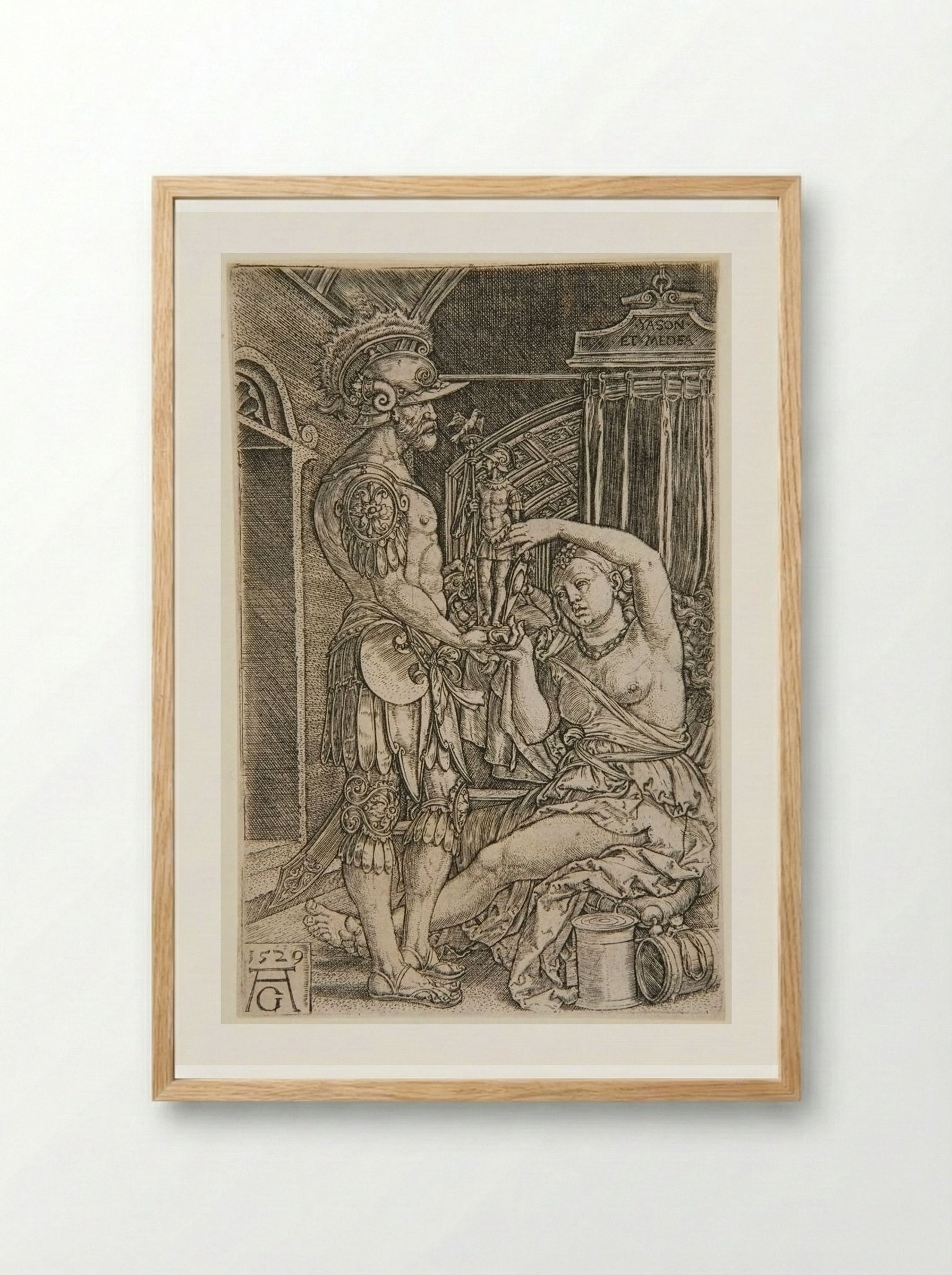 Medea Presents a Statue of an Armed Man to Jason - Heinrich Aldegrever - Framed Print Wood