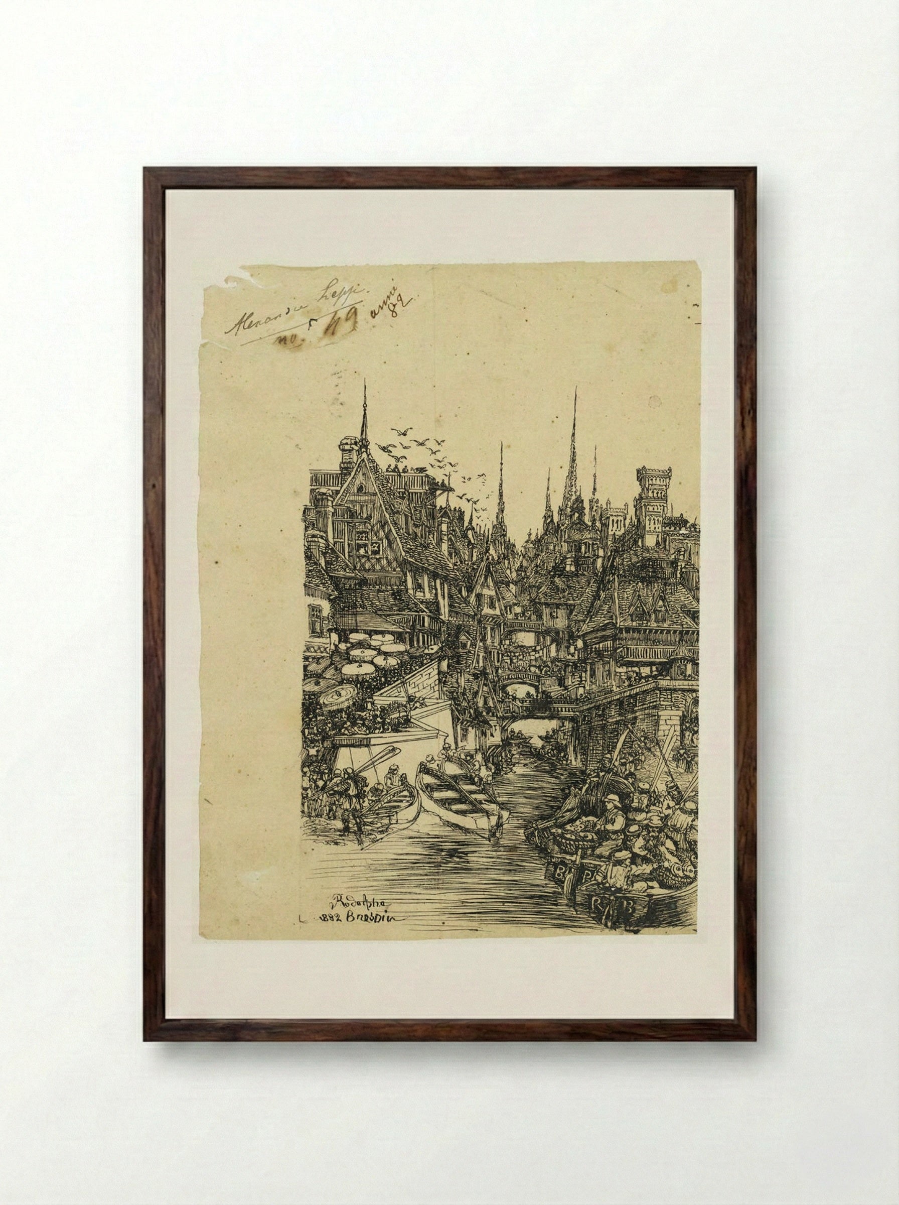 Medieval Town with Canal and Boats - Rodolphe Bresdin - Framed Print Dark Wood