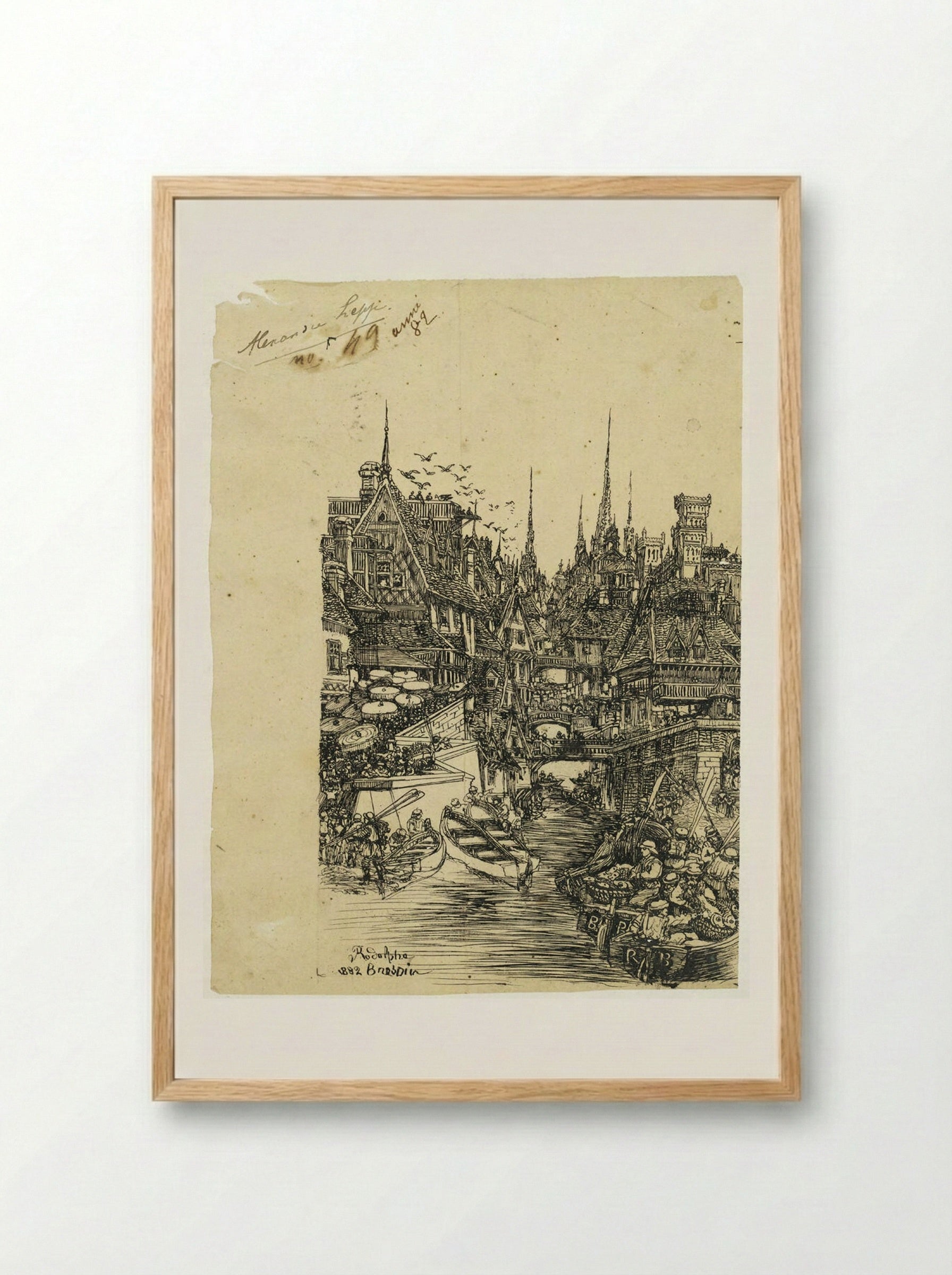 Medieval Town with Canal and Boats - Rodolphe Bresdin - Framed Print Wood