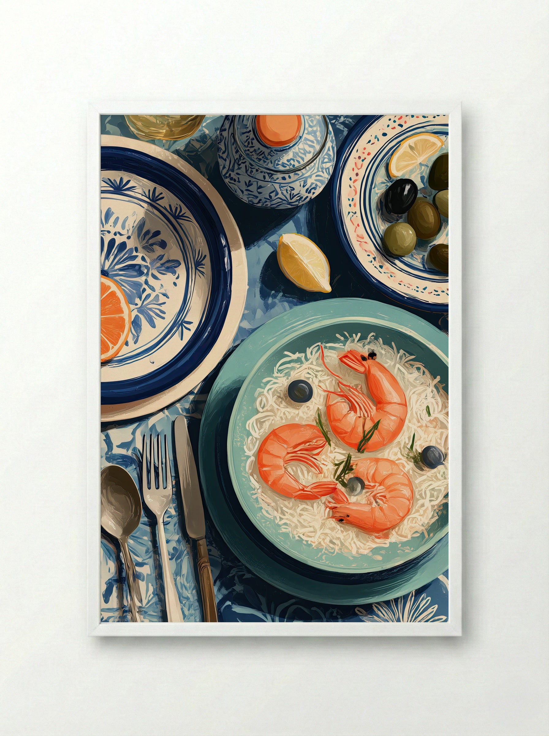 Mediterranean Table Seafood Still Life Art Print - Framed Print White