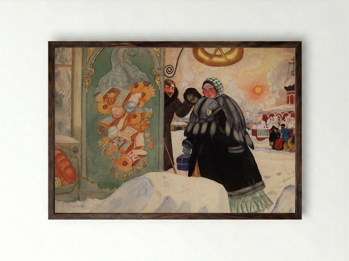Meeting on the corner - Boris Kustodiev - Framed Print Dark Wood