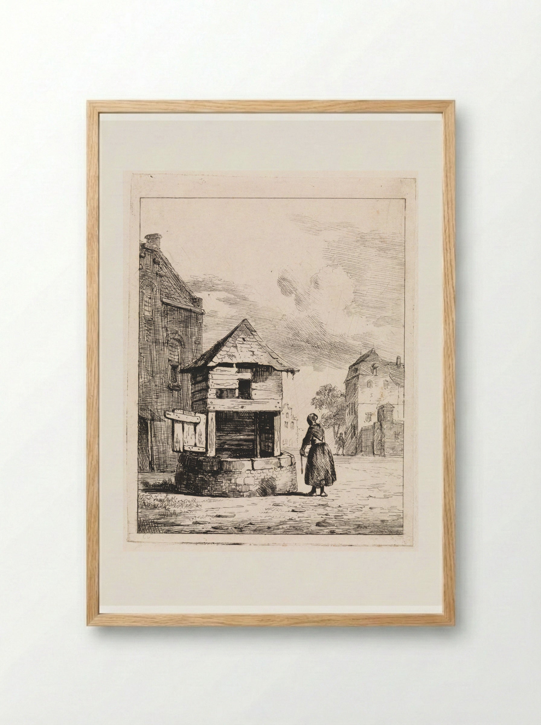 Meisje bij een waterput - Cornelis Springer - Framed Print Wood