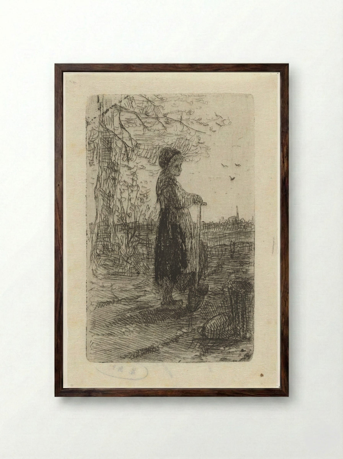 Meisje leunend op een schop - Jozef Israëls - Framed Print Dark Wood