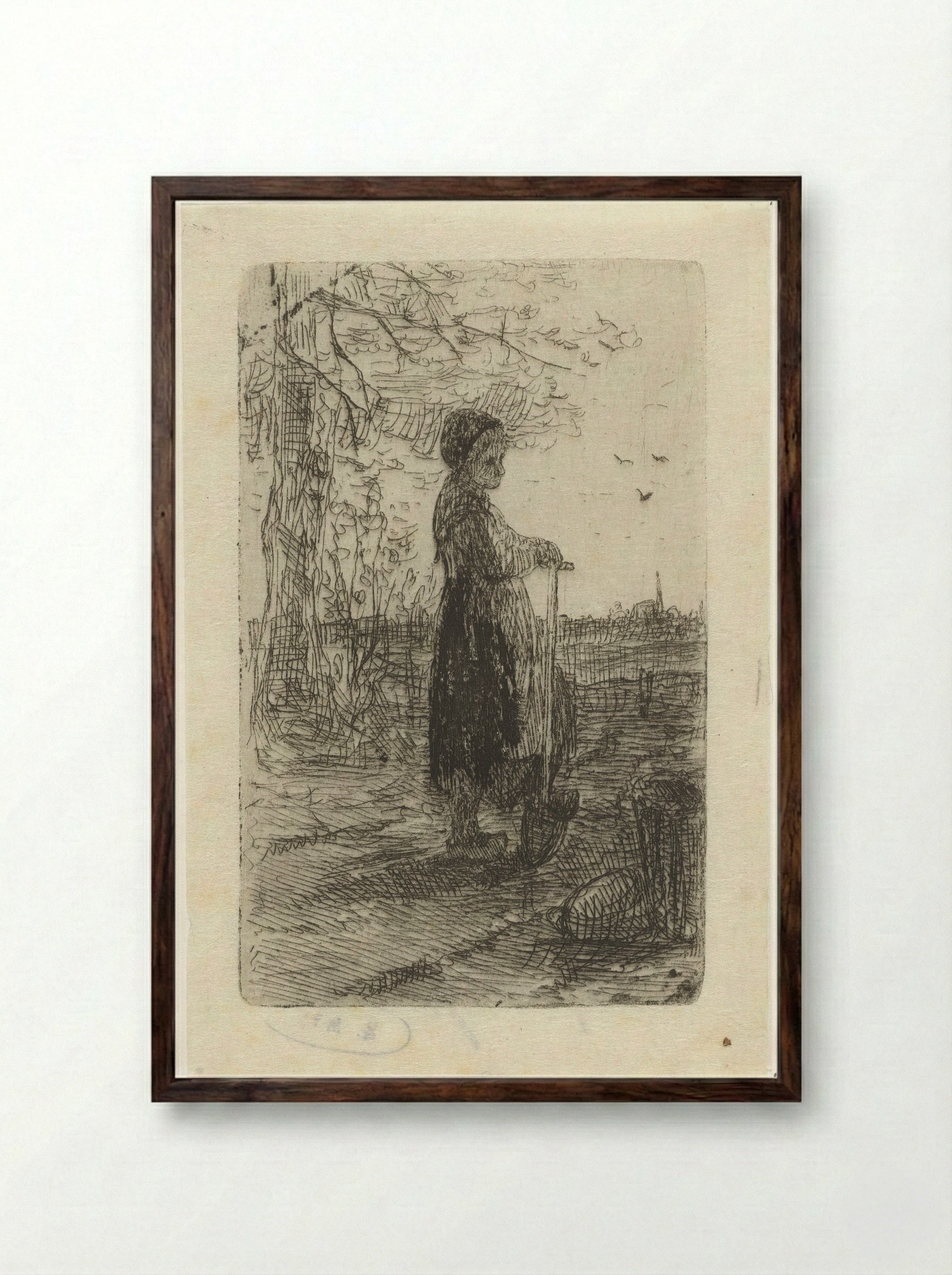 Meisje leunend op een schop - Jozef Israëls - Framed Print Dark Wood