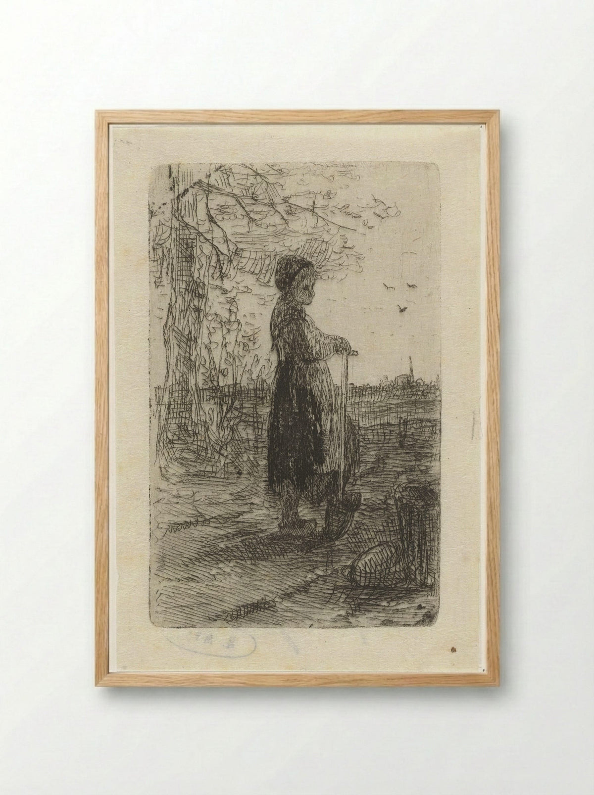 Meisje leunend op een schop - Jozef Israëls - Framed Print Wood