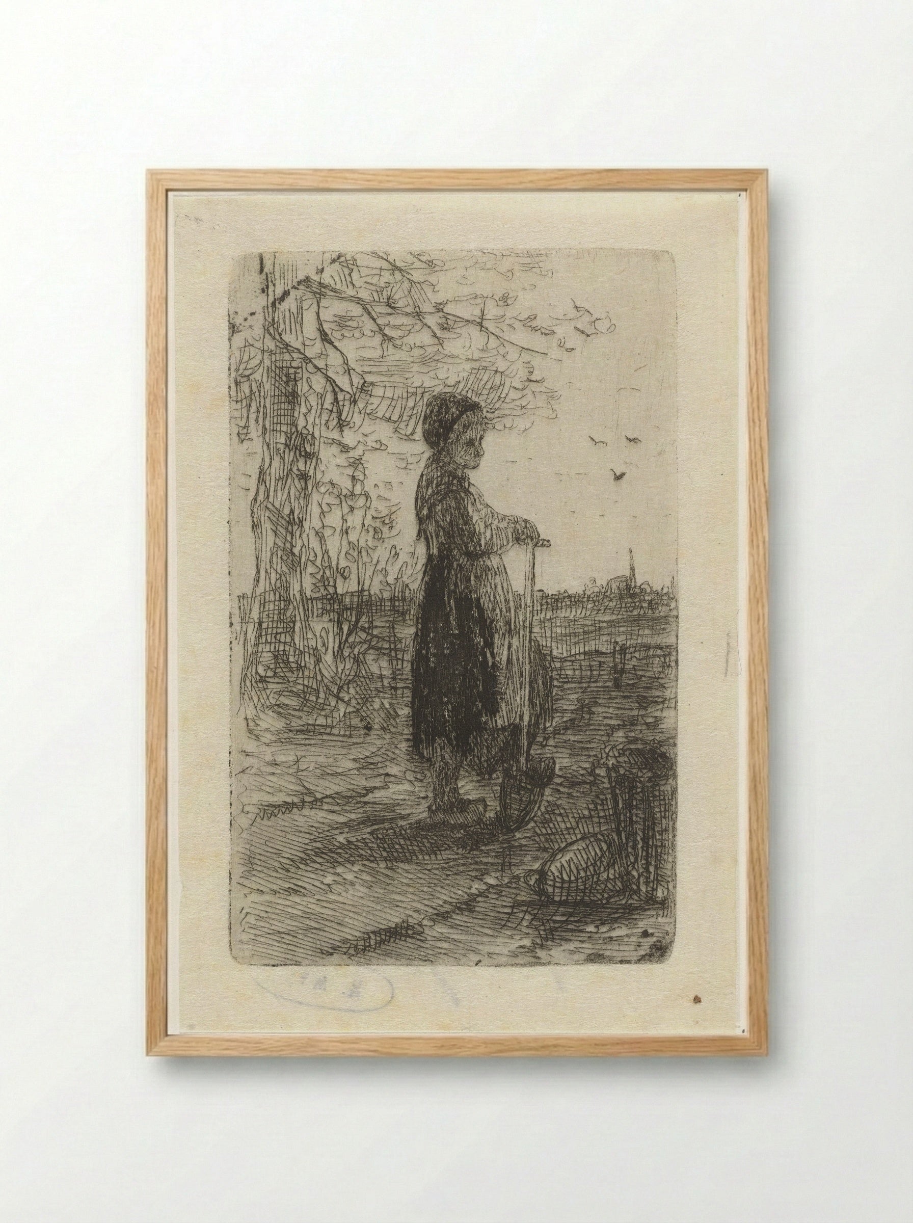 Meisje leunend op een schop - Jozef Israëls - Framed Print Wood