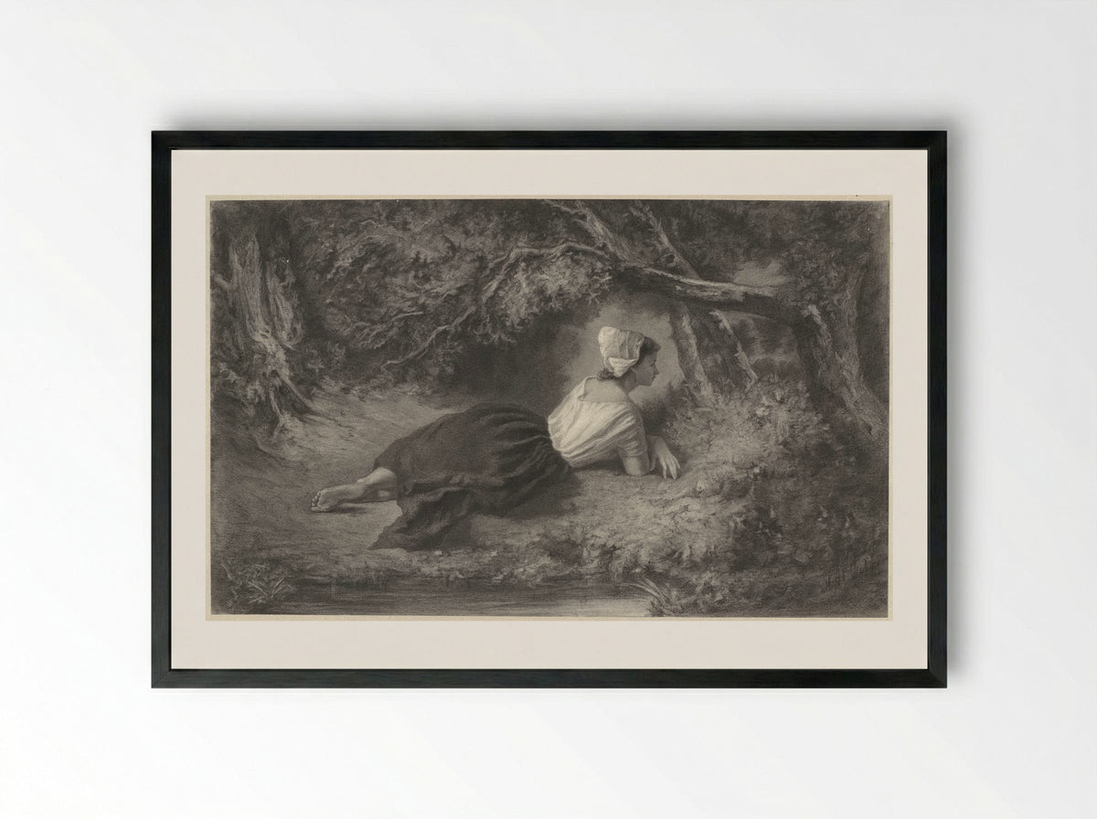 Meisje, liggend onder bomen bij een water - Hendrik Adriaan Christiaan Dekker - Framed Print Black
