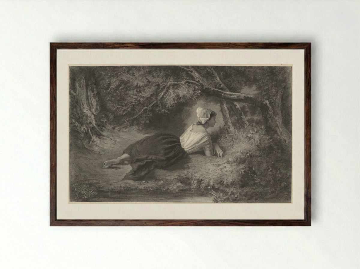 Meisje, liggend onder bomen bij een water - Hendrik Adriaan Christiaan Dekker - Framed Print Dark Wood