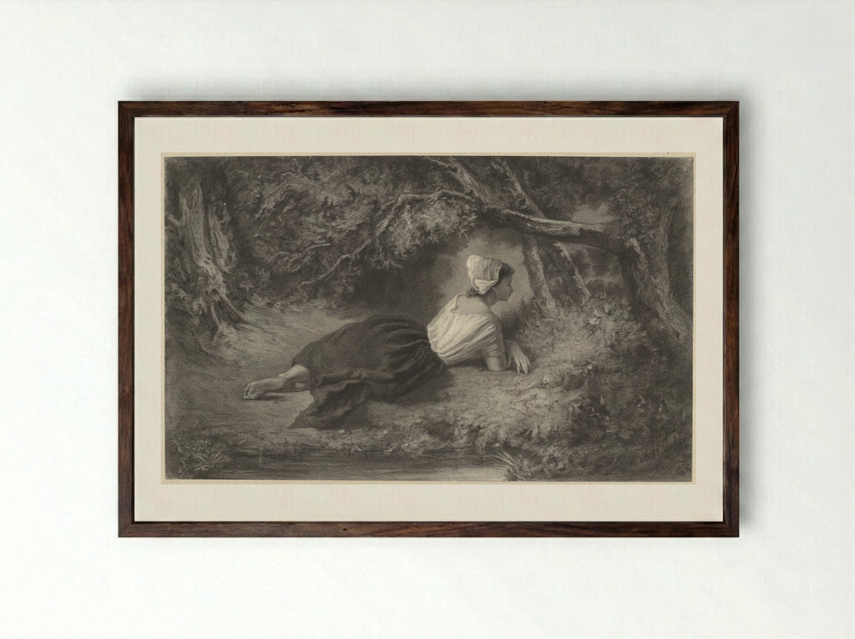 Meisje, liggend onder bomen bij een water - Hendrik Adriaan Christiaan Dekker - Framed Print Dark Wood