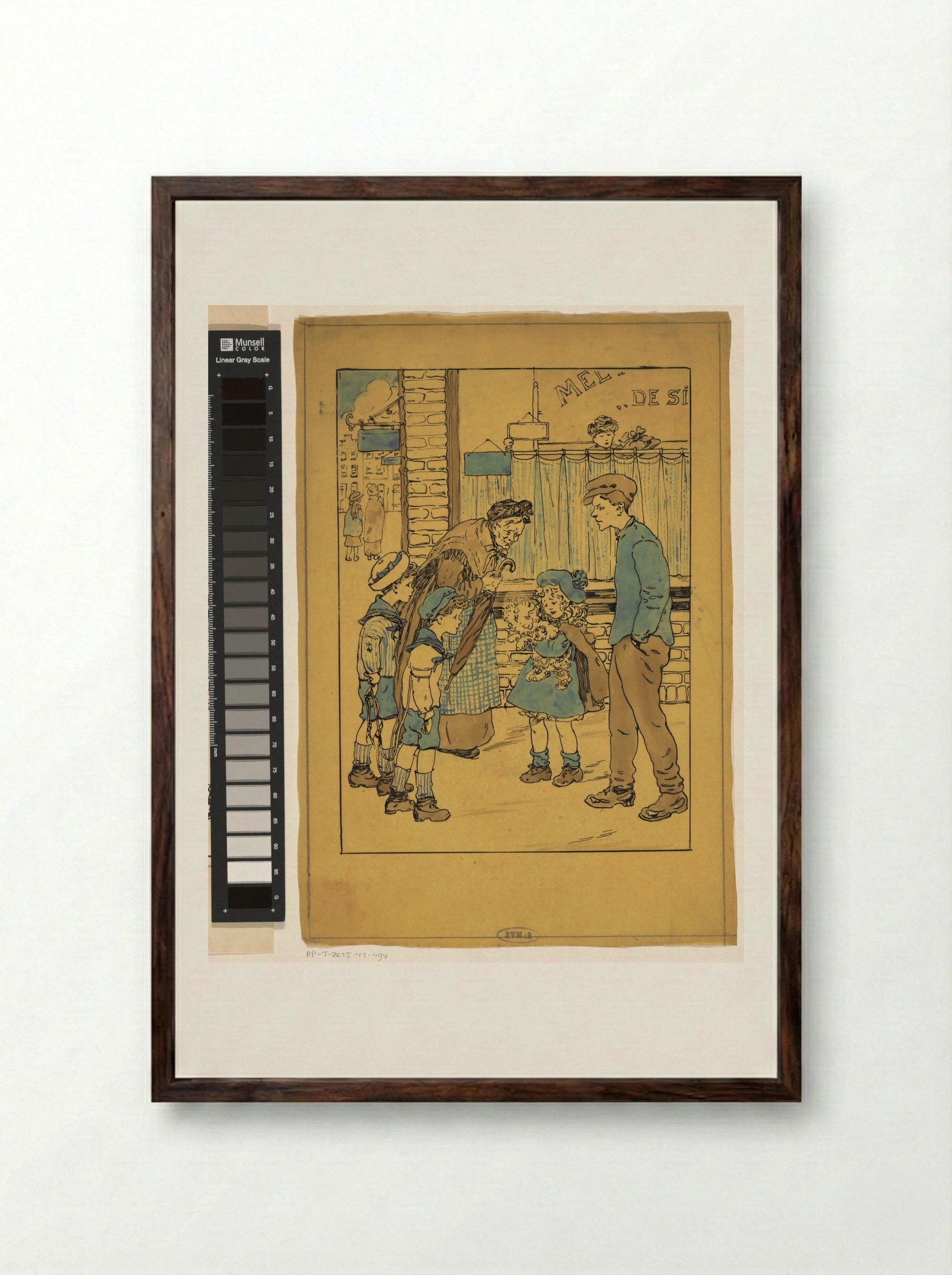 Meisje met hond op een straathoek - Nelly Spoor - Framed Print Dark Wood