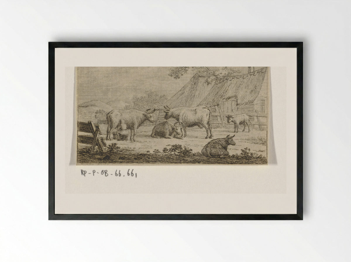 Melkende boerin bij koeien voor een boerderij - Jacob Elias van Varelen - Framed Print Black
