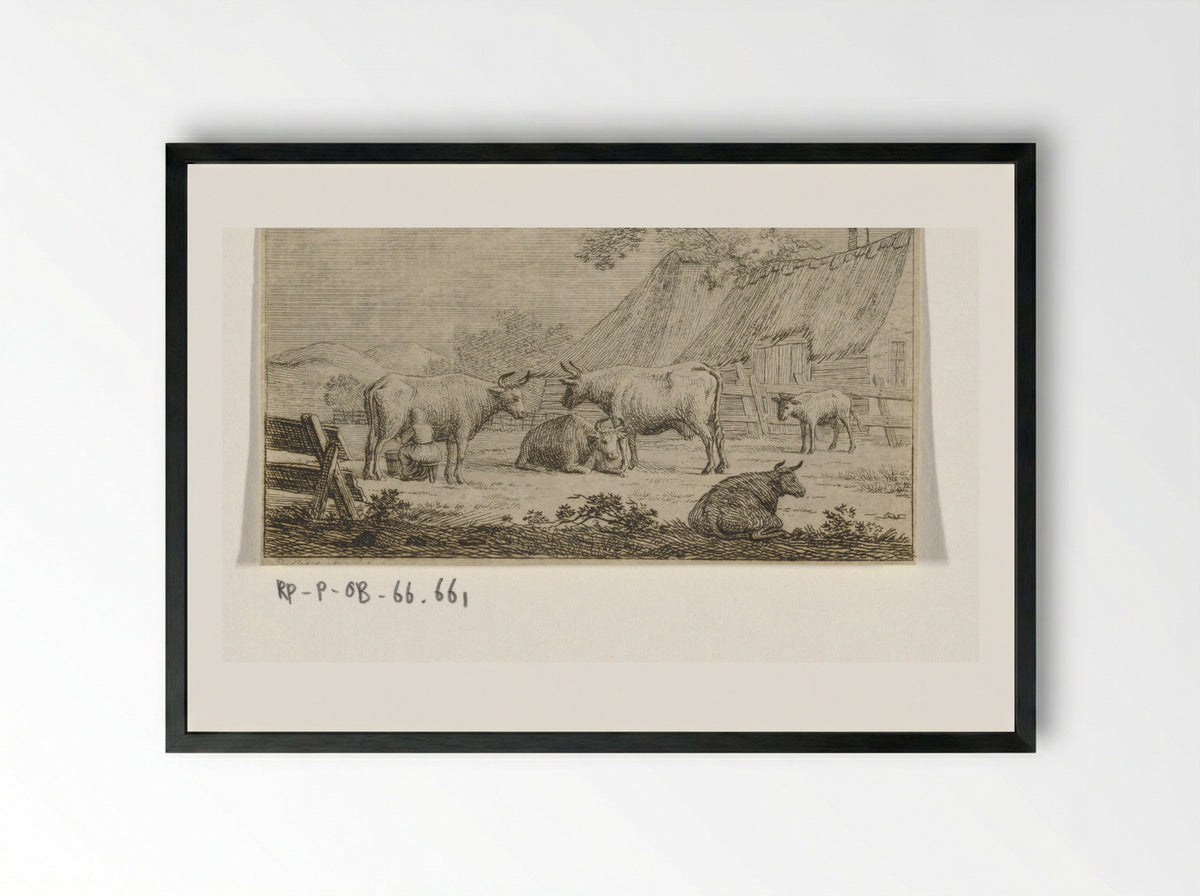 Melkende boerin bij koeien voor een boerderij - Jacob Elias van Varelen - Framed Print Black