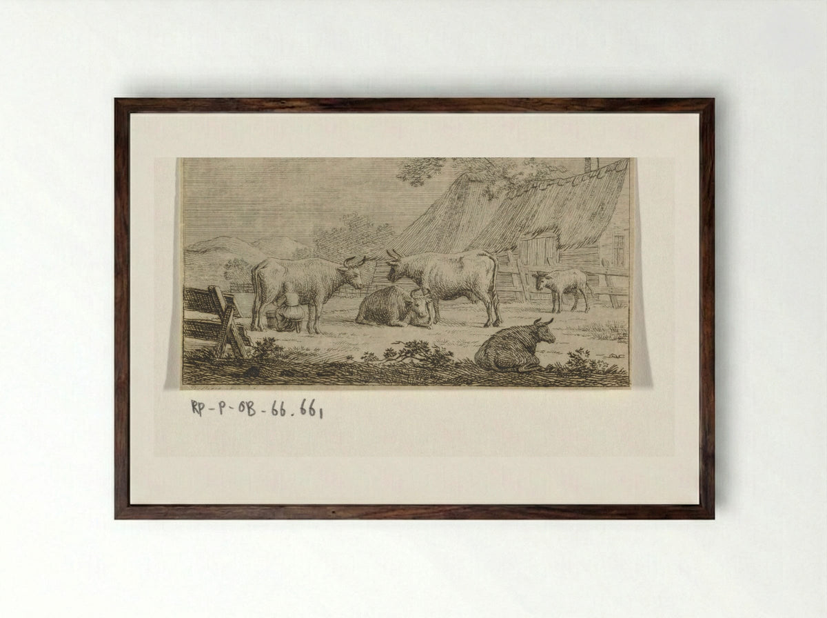 Melkende boerin bij koeien voor een boerderij - Jacob Elias van Varelen - Framed Print Dark Wood