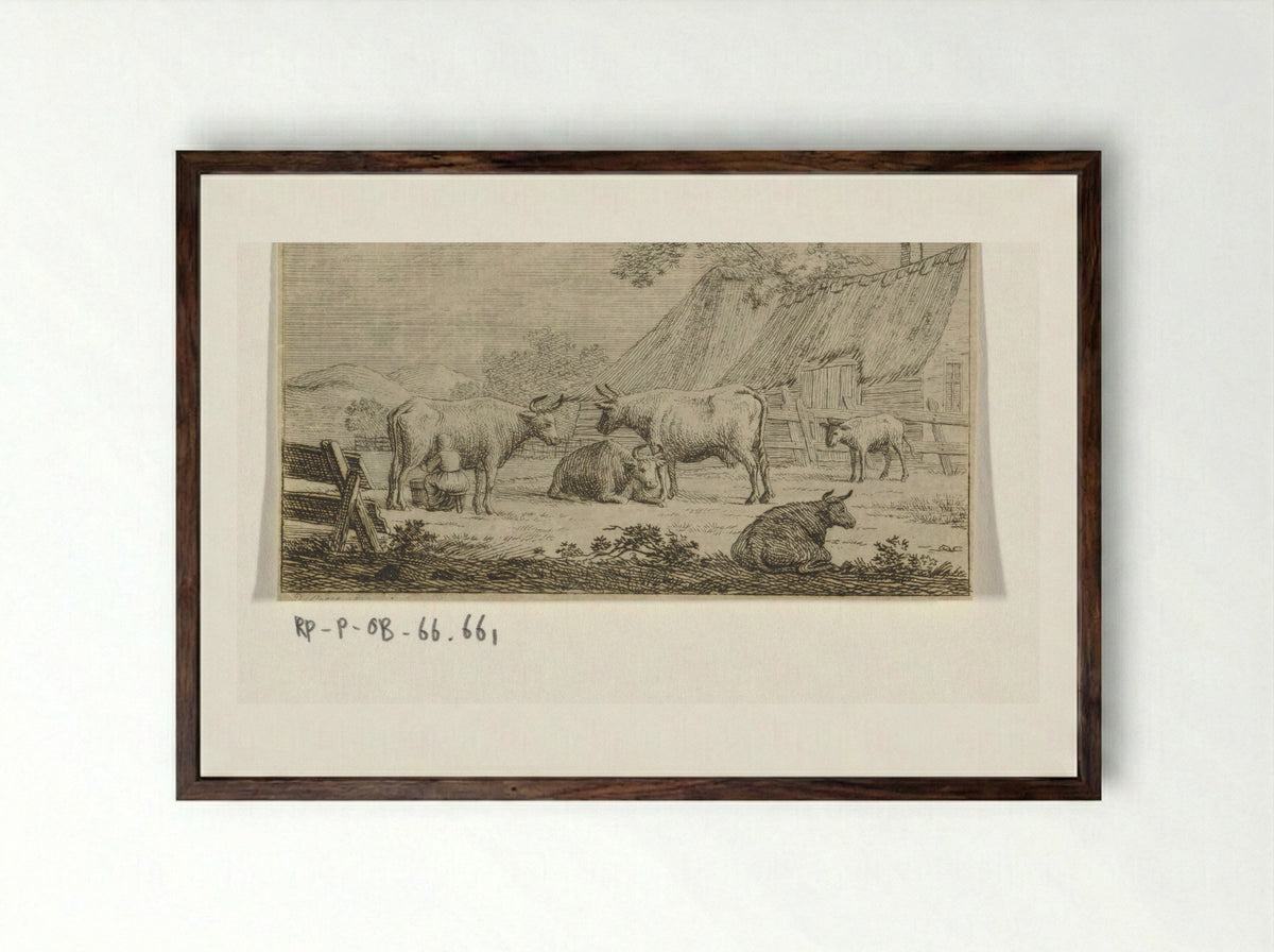 Melkende boerin bij koeien voor een boerderij - Jacob Elias van Varelen - Framed Print Dark Wood