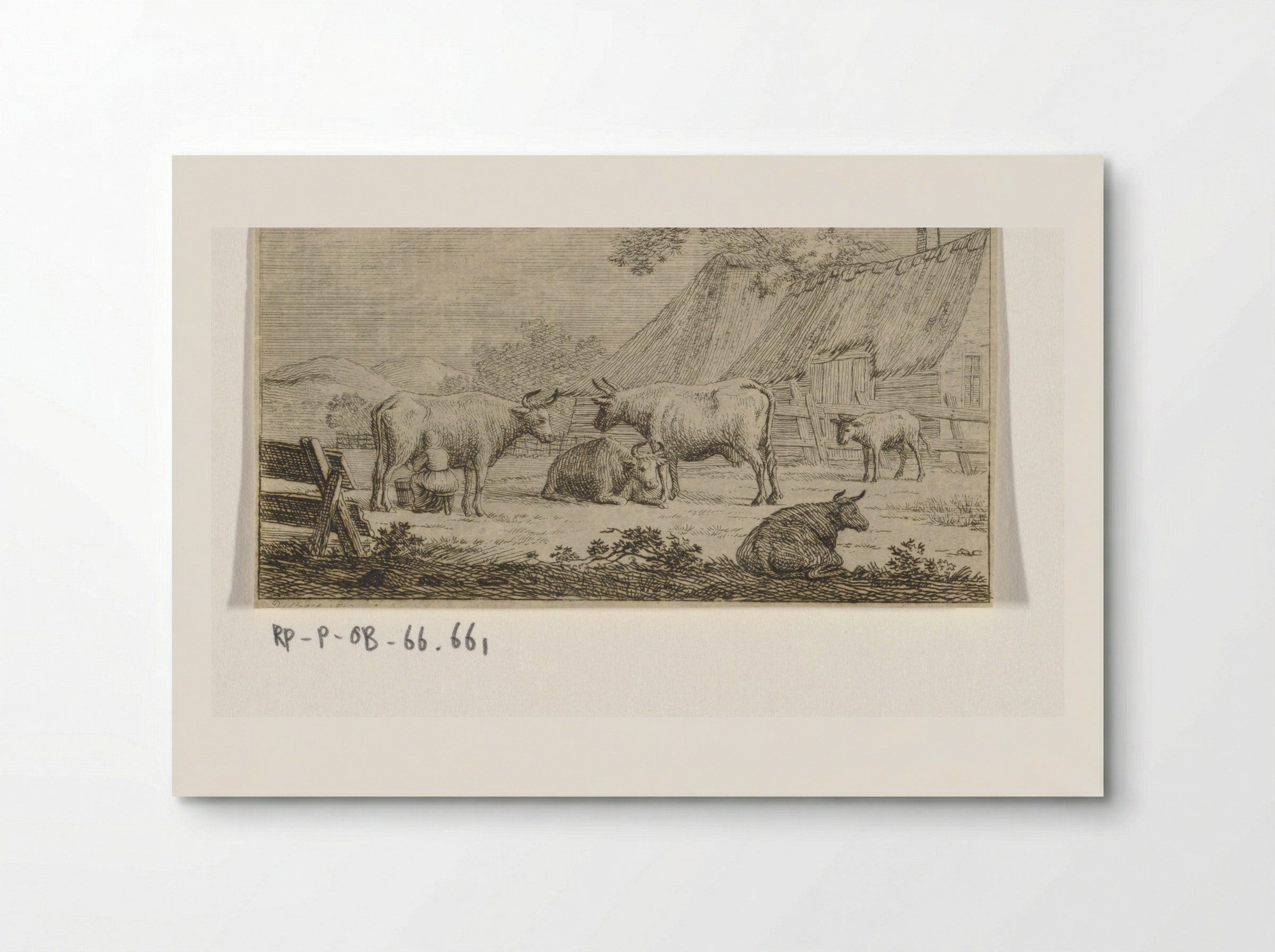 Melkende boerin bij koeien voor een boerderij - Jacob Elias van Varelen - Poster