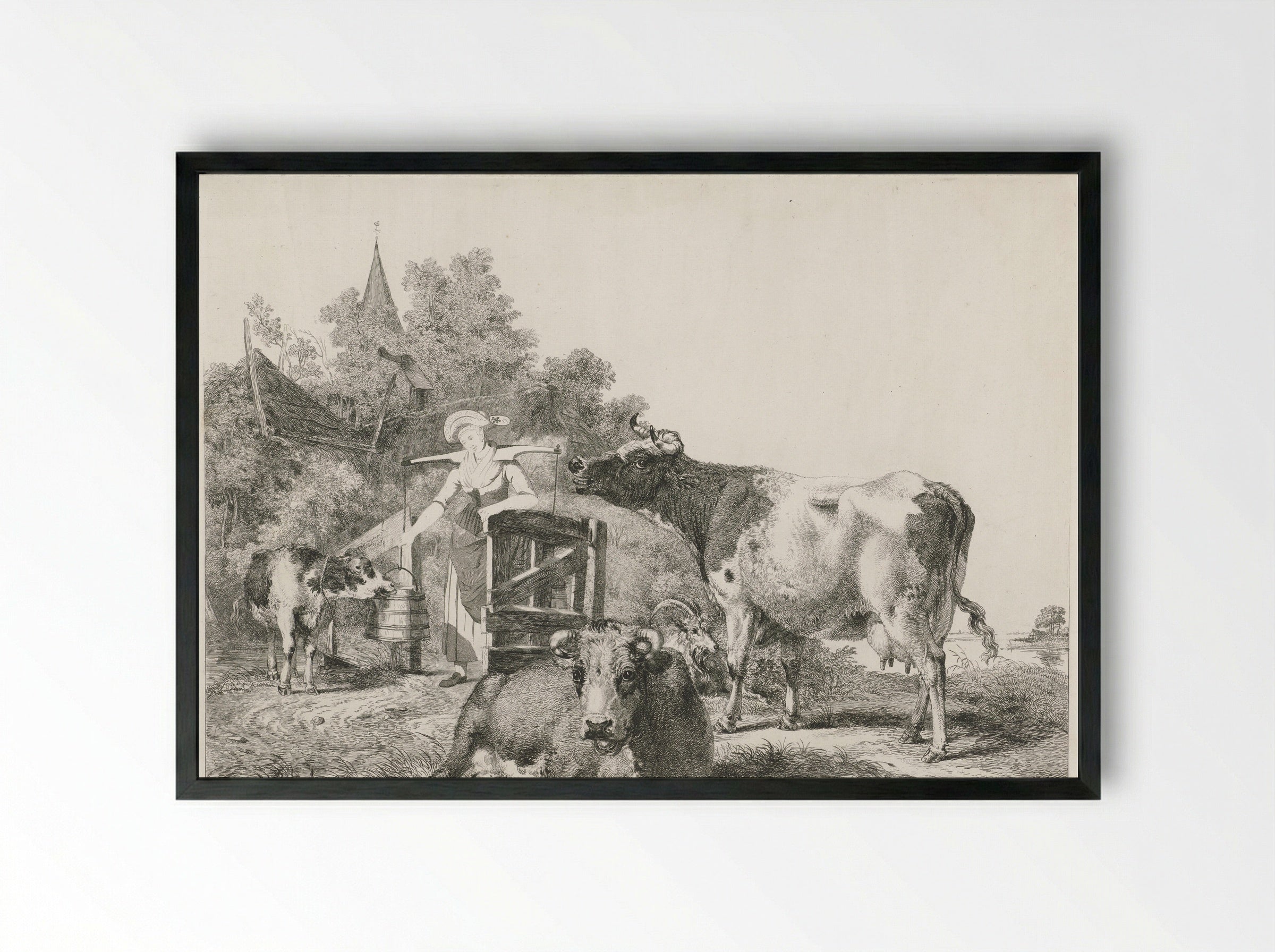 Melkmeisje met drie koeien - Pieter Gerardus van Os - Framed Print Black
