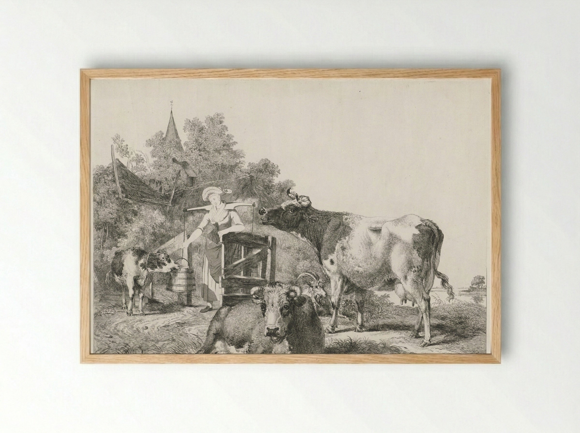 Melkmeisje met drie koeien - Pieter Gerardus van Os - Framed Print Wood