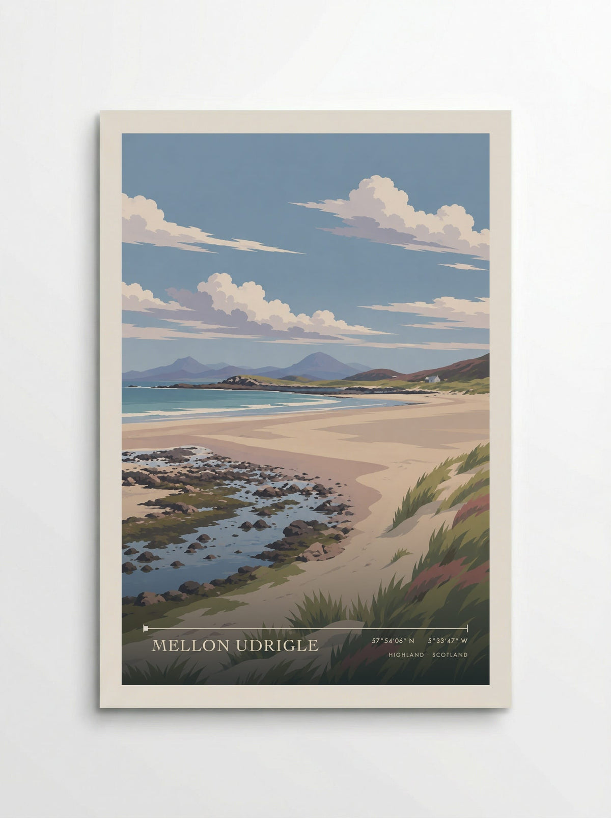Mellon Udrigle, Highland travel poster: pale beach sand, blue rock pools and distant mountain silhouettes below soft summer clouds