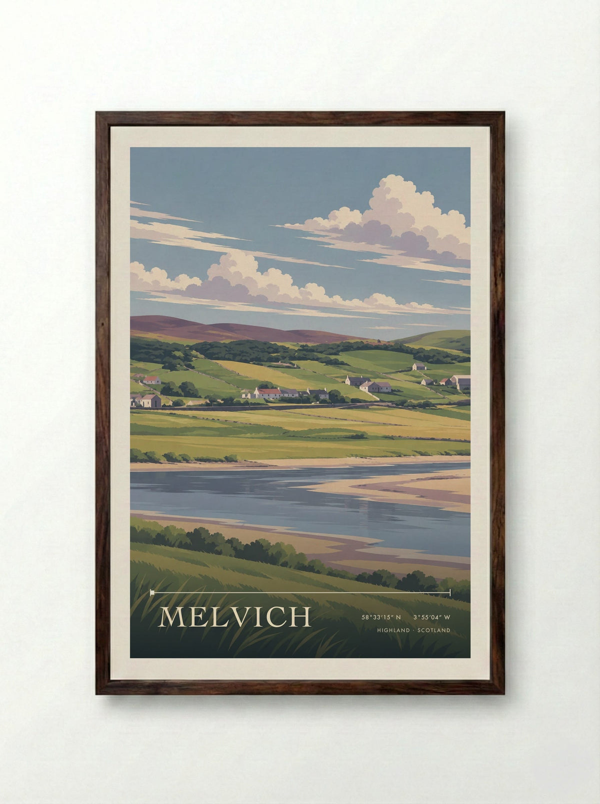 Melvich, Highland | Travel Poster - Framed Print Dark Wood