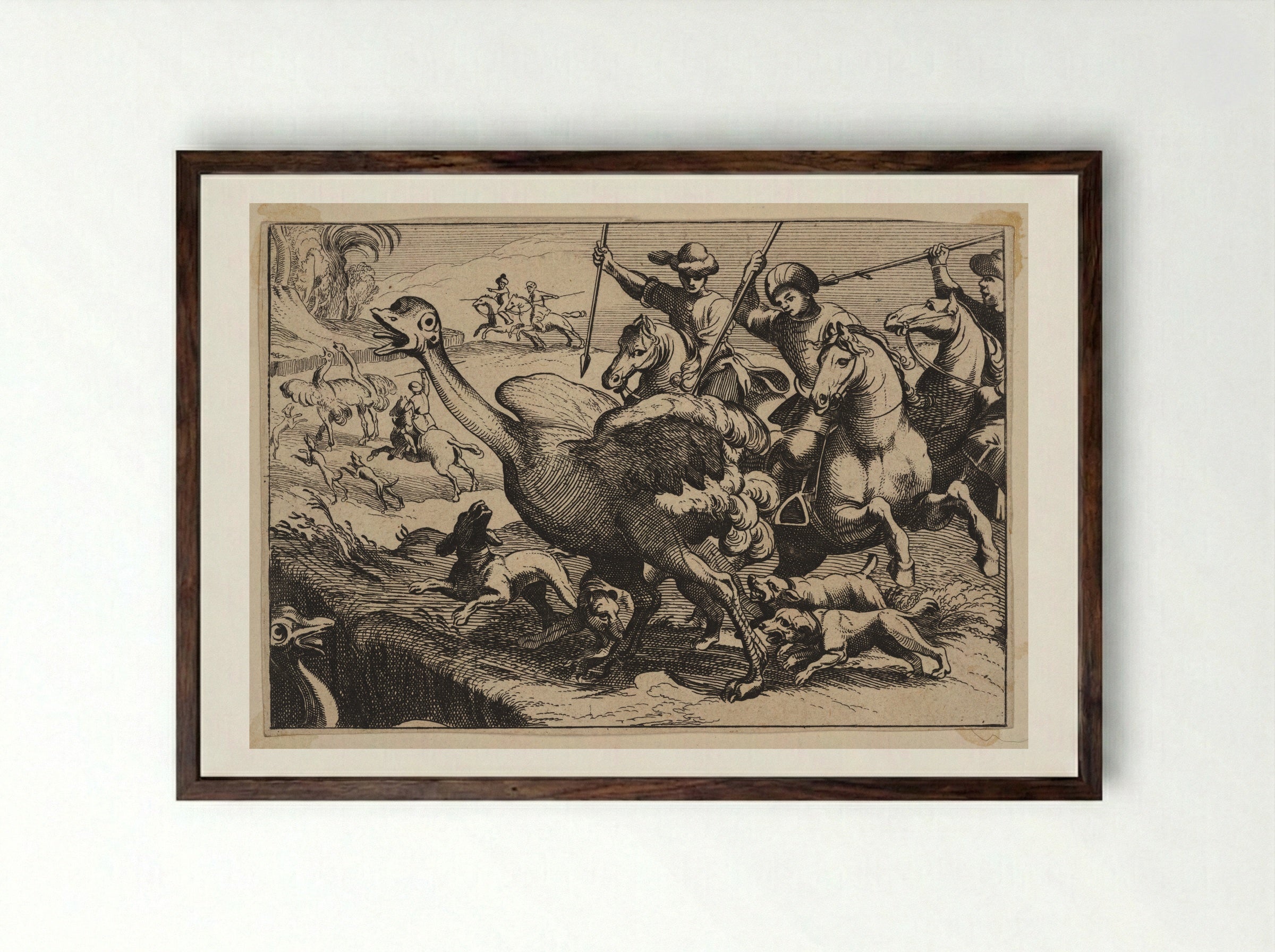 Men and Dogs Hunting Ostriches - Antonio Tempesta - Framed Print Dark Wood