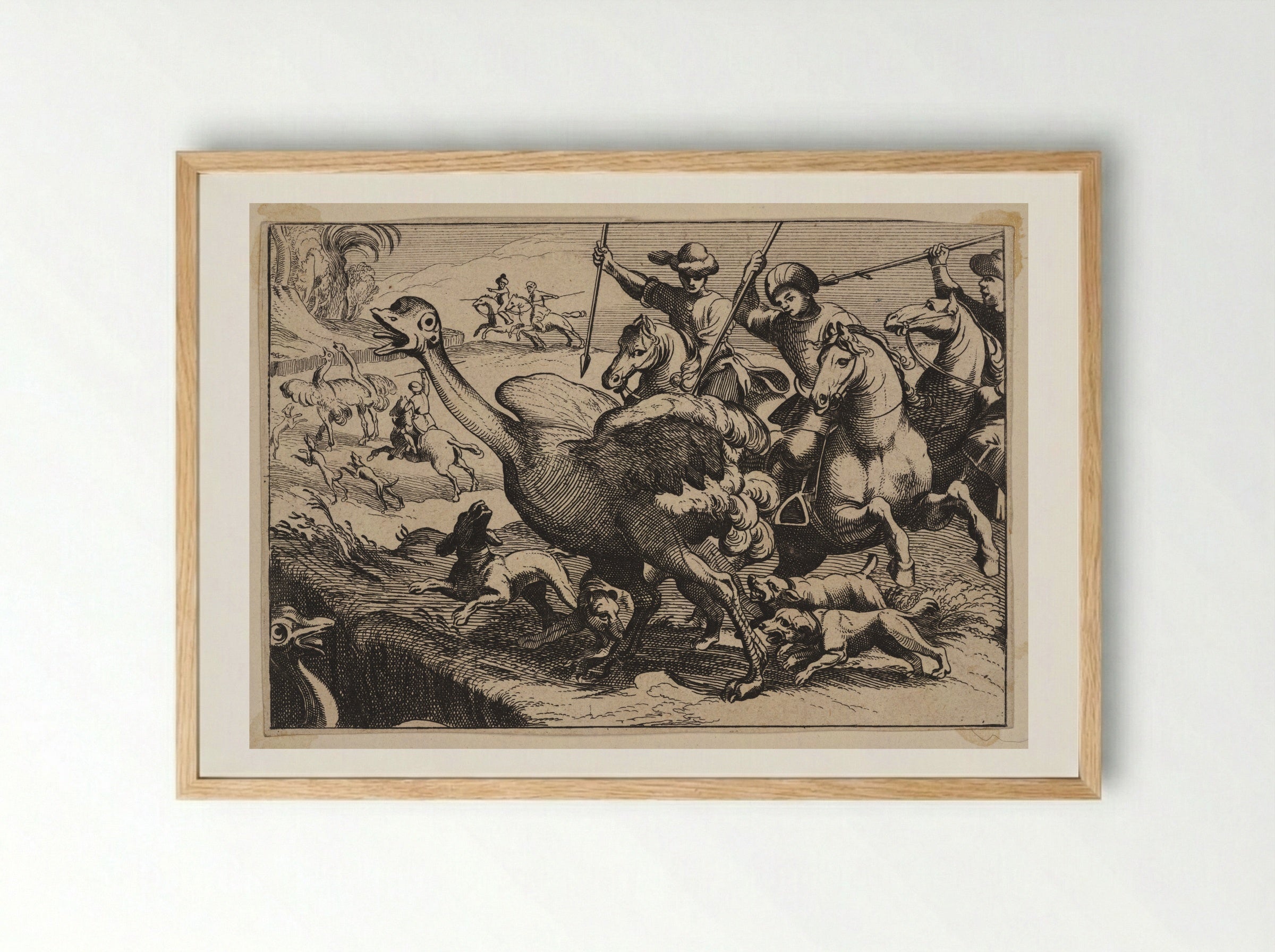 Men and Dogs Hunting Ostriches - Antonio Tempesta - Framed Print Wood