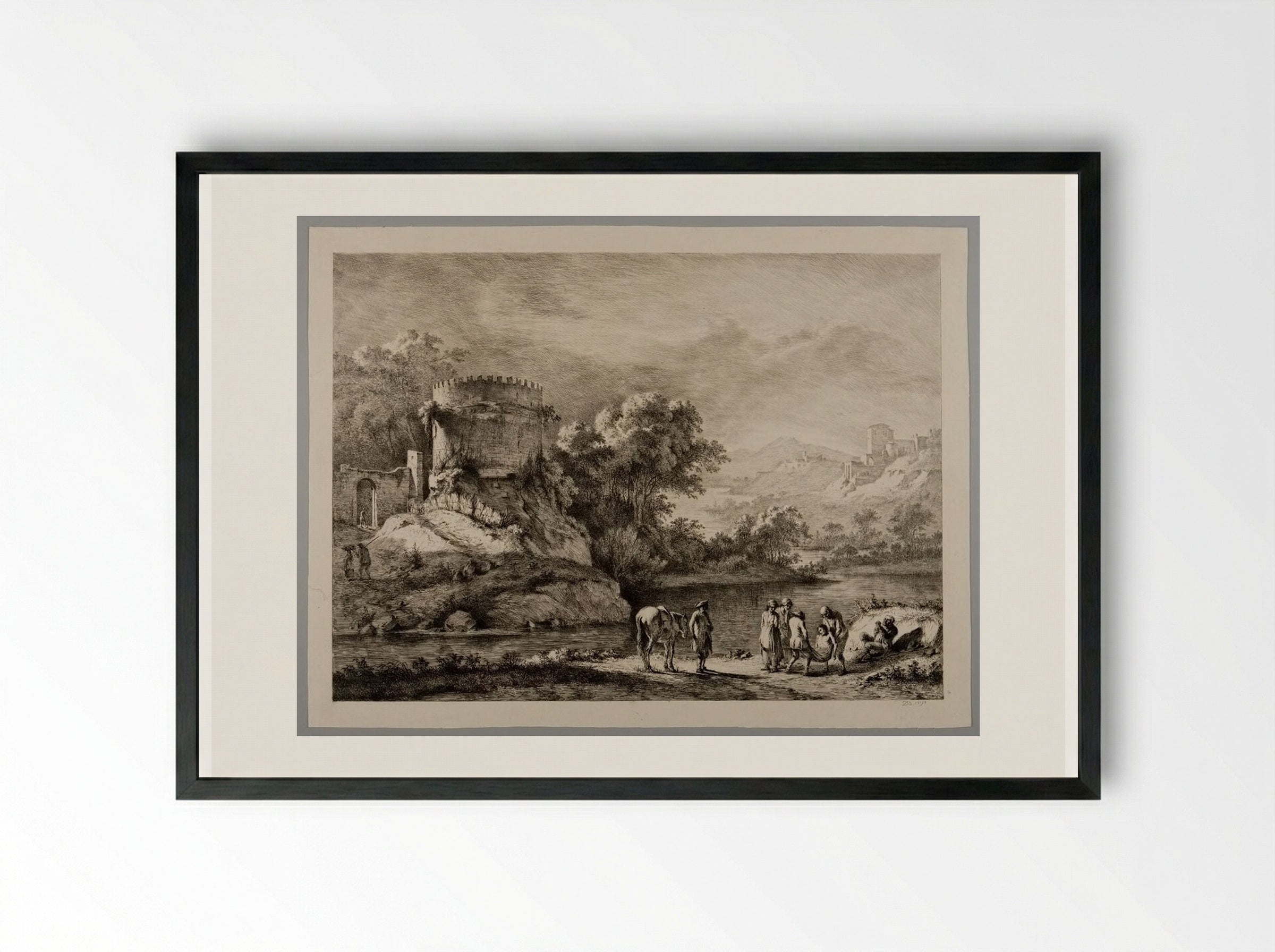 Men on Bank of a River Carrying a Drowned Man - Jean-Jacques de Boissieu - Framed Print Black