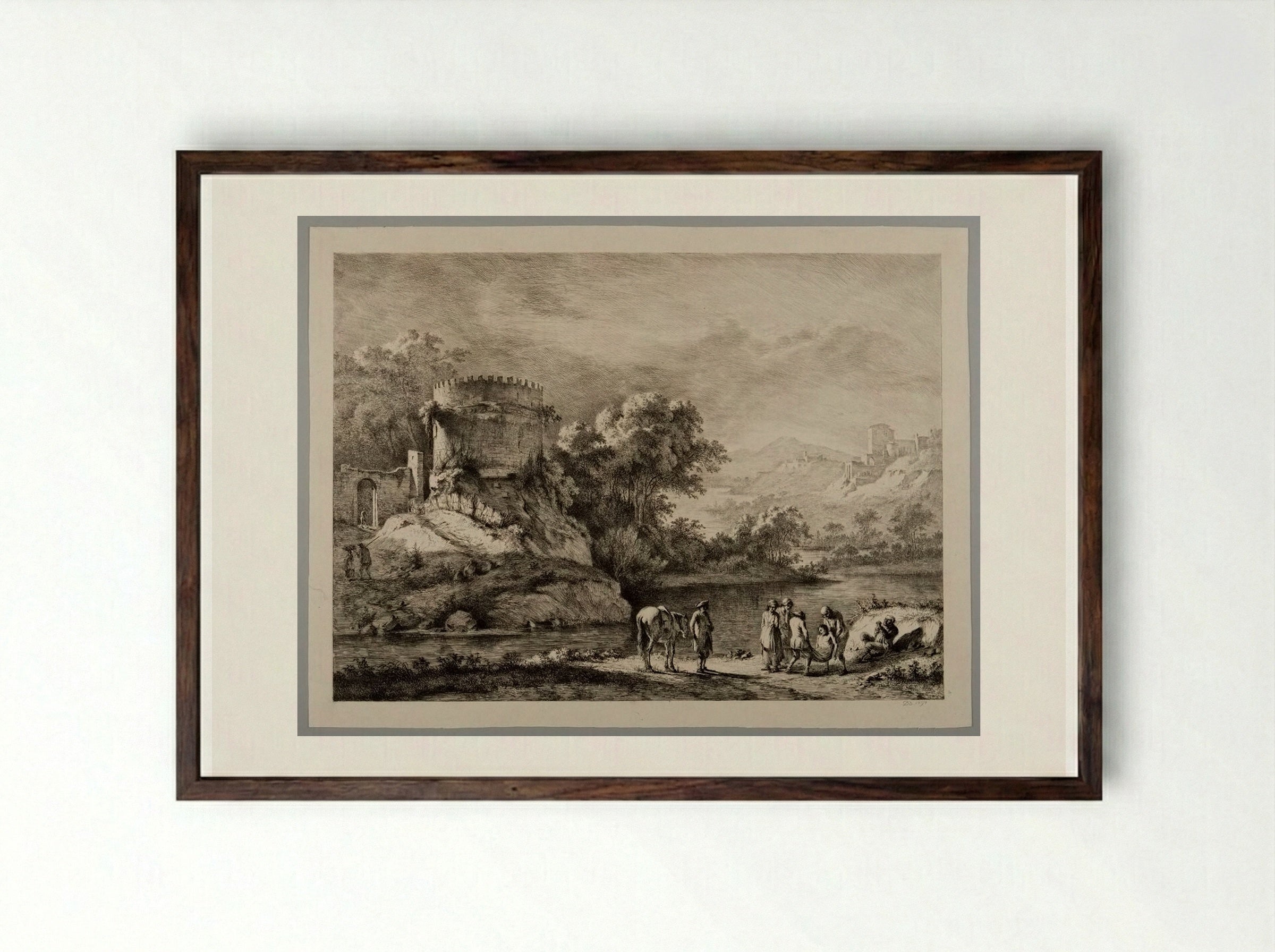 Men on Bank of a River Carrying a Drowned Man - Jean-Jacques de Boissieu - Framed Print Dark Wood