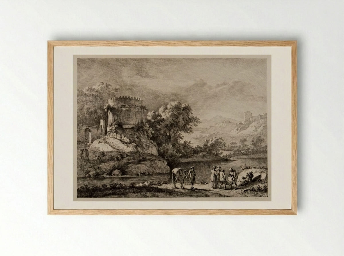 Men on Bank of a River Carrying a Drowned Man - Jean-Jacques de Boissieu - Framed Print Wood