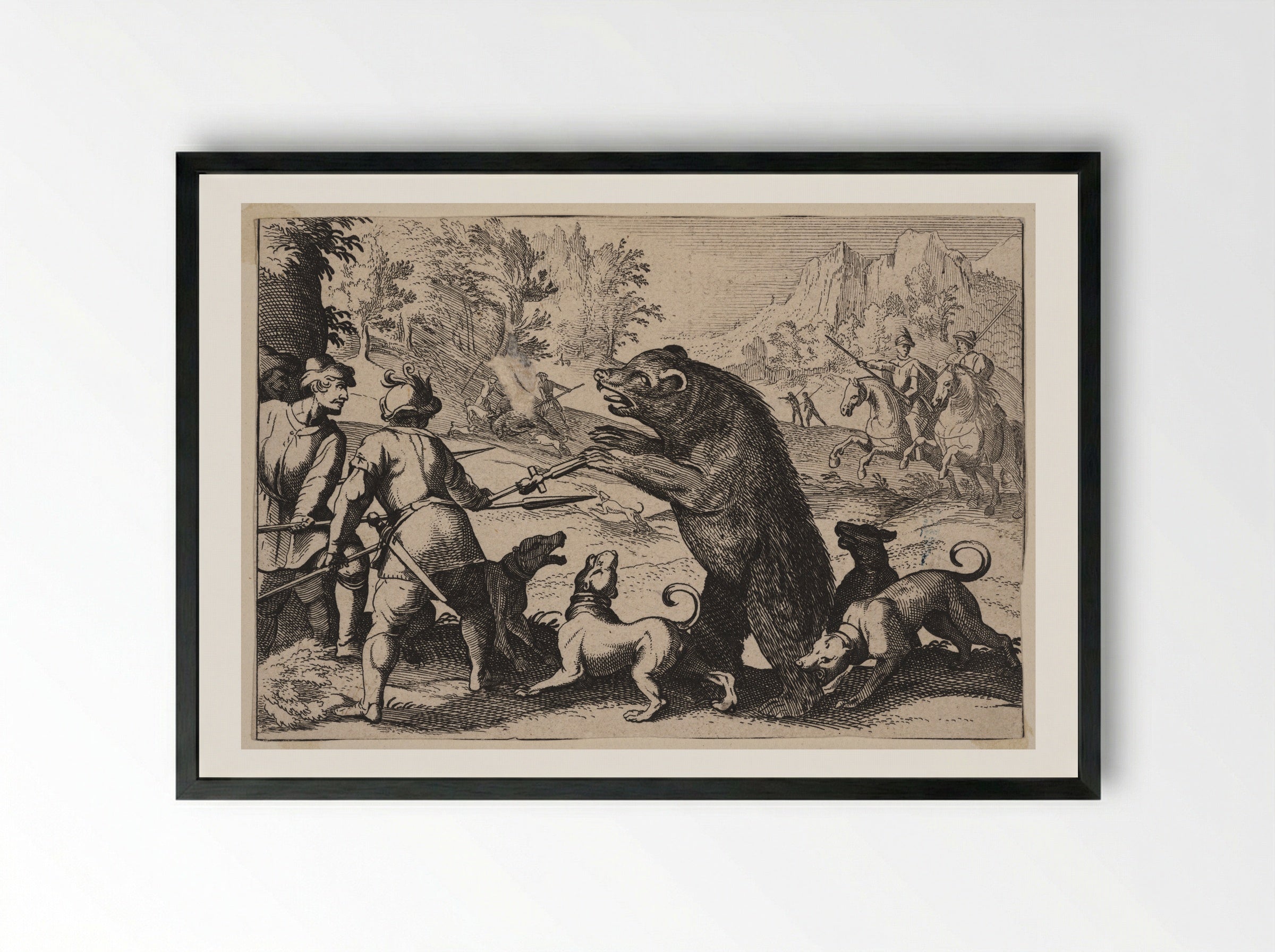 Men on Foot and Dogs Fighting a Large Bear - Antonio Tempesta - Framed Print Black
