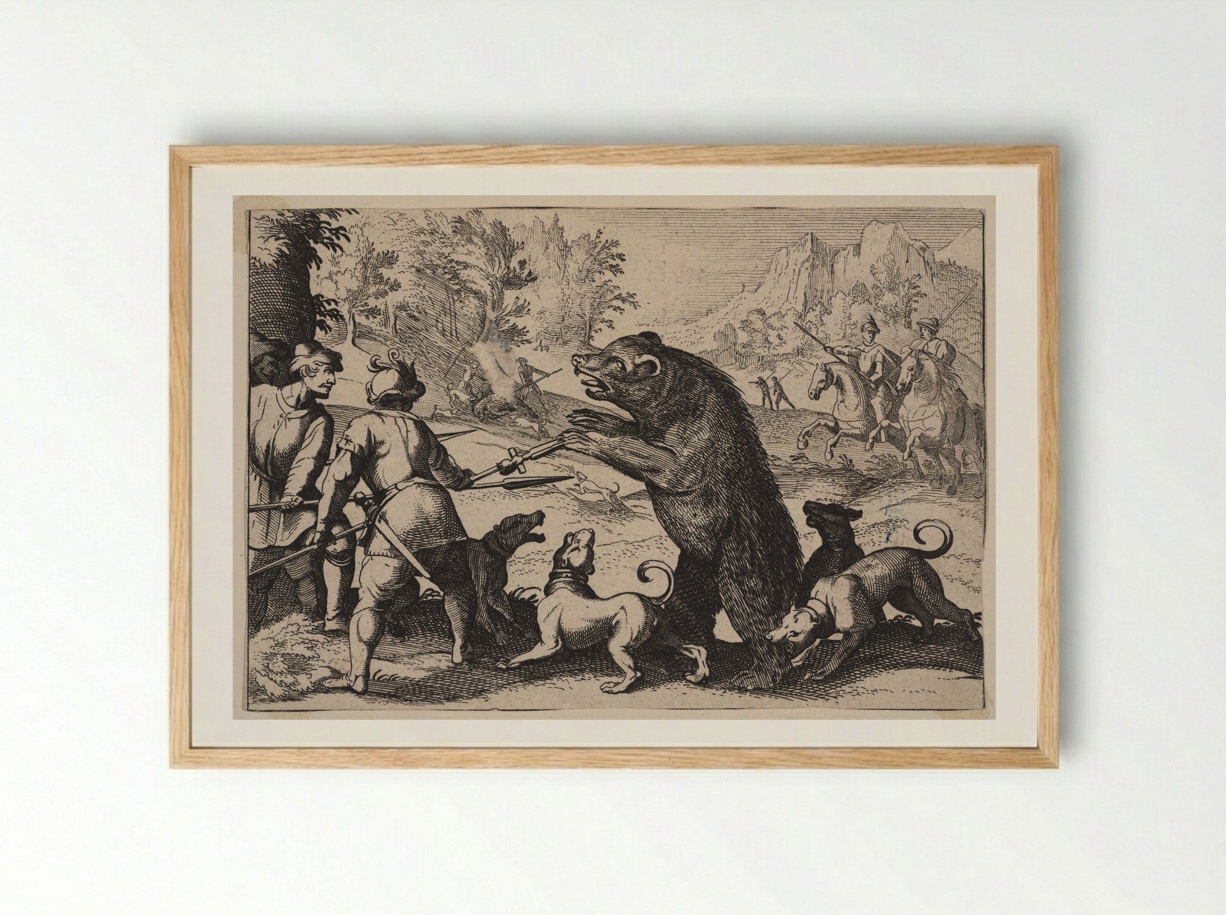 Men on Foot and Dogs Fighting a Large Bear - Antonio Tempesta - Framed Print Wood