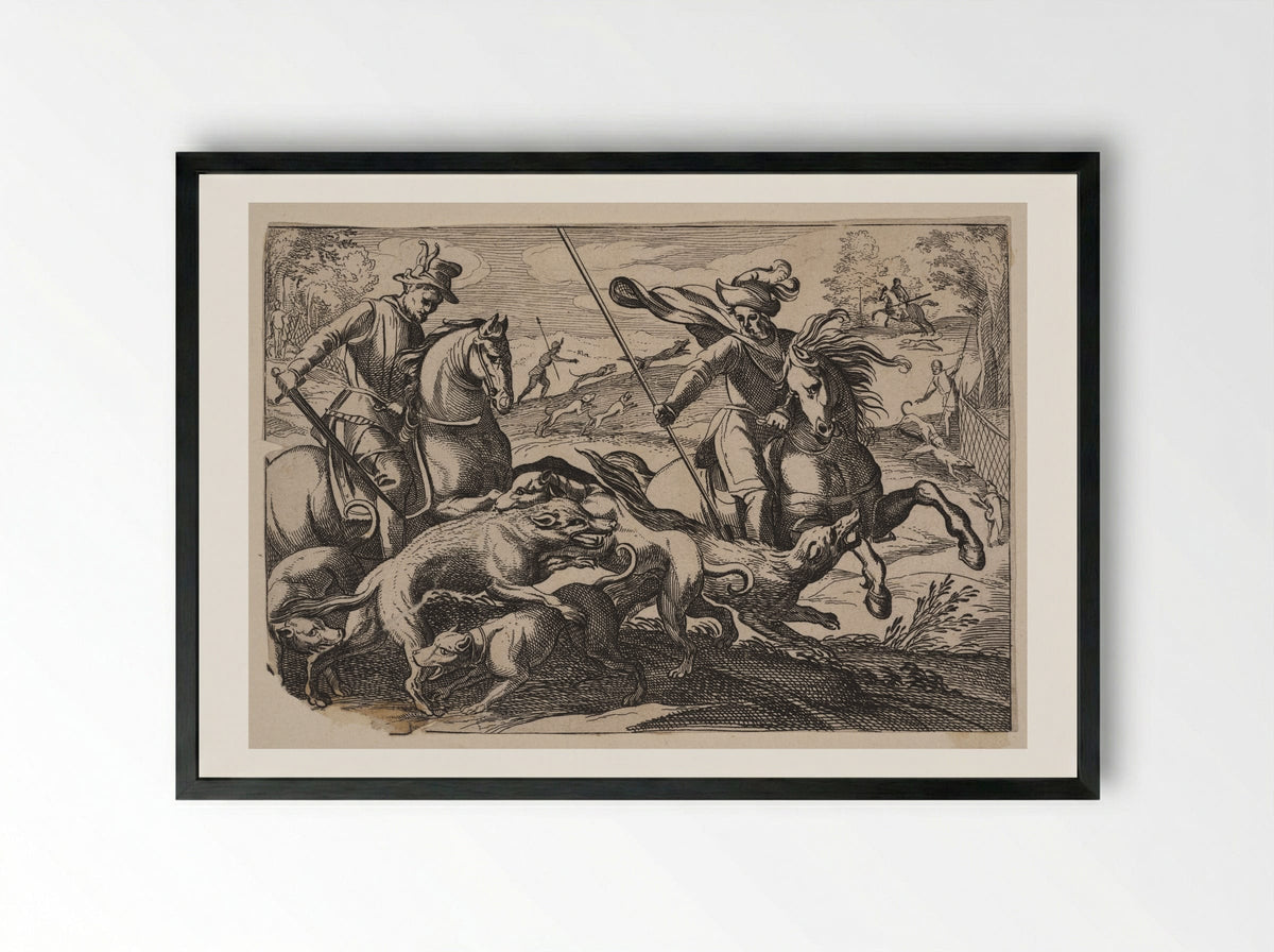 Men on Horseback and Dogs Hunting Wolves - Antonio Tempesta - Framed Print Black