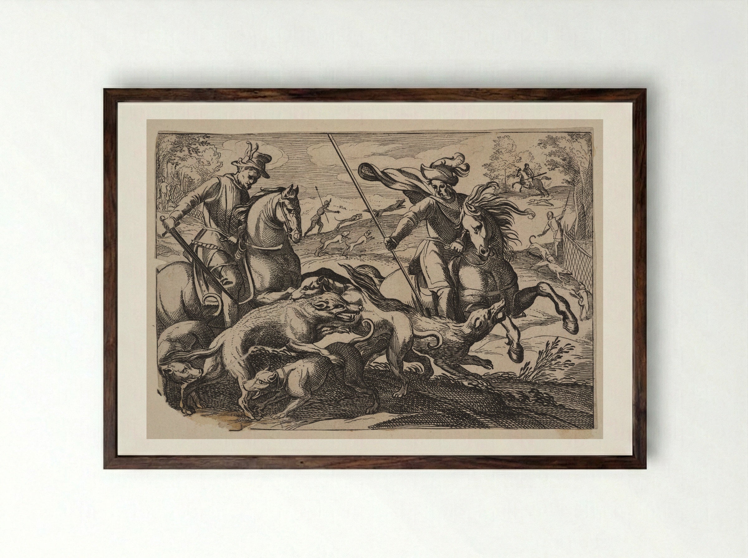 Men on Horseback and Dogs Hunting Wolves - Antonio Tempesta - Framed Print Dark Wood