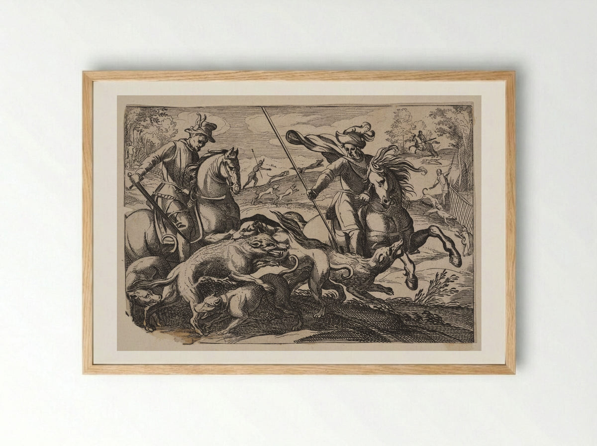 Men on Horseback and Dogs Hunting Wolves - Antonio Tempesta - Framed Print Wood